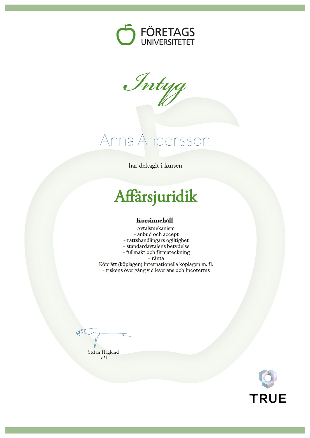 Exempel: diplom för Affärsjuridik från Företagsuniversitetet