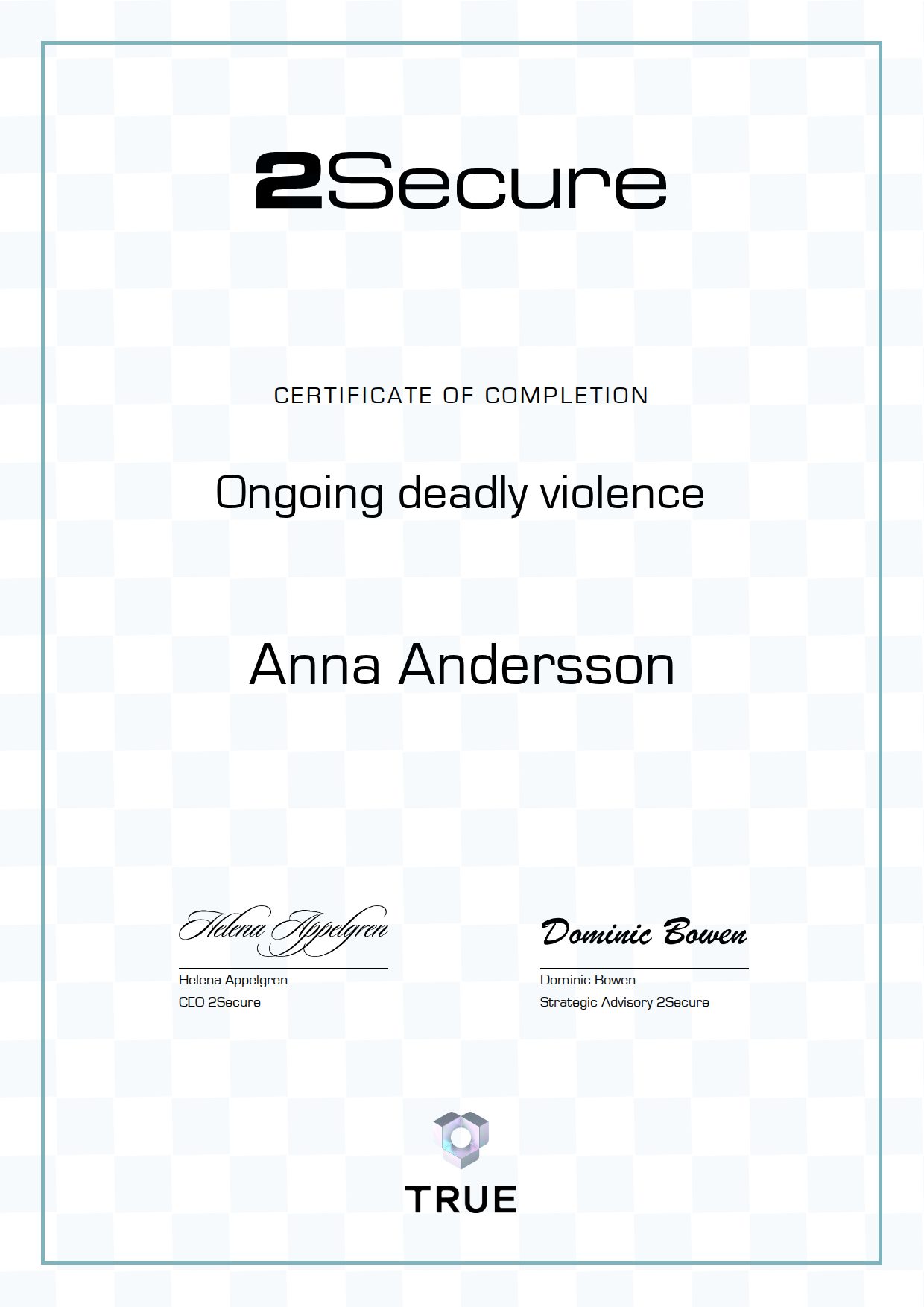 Example certificate for Ongoing deadly violence from 2Secure