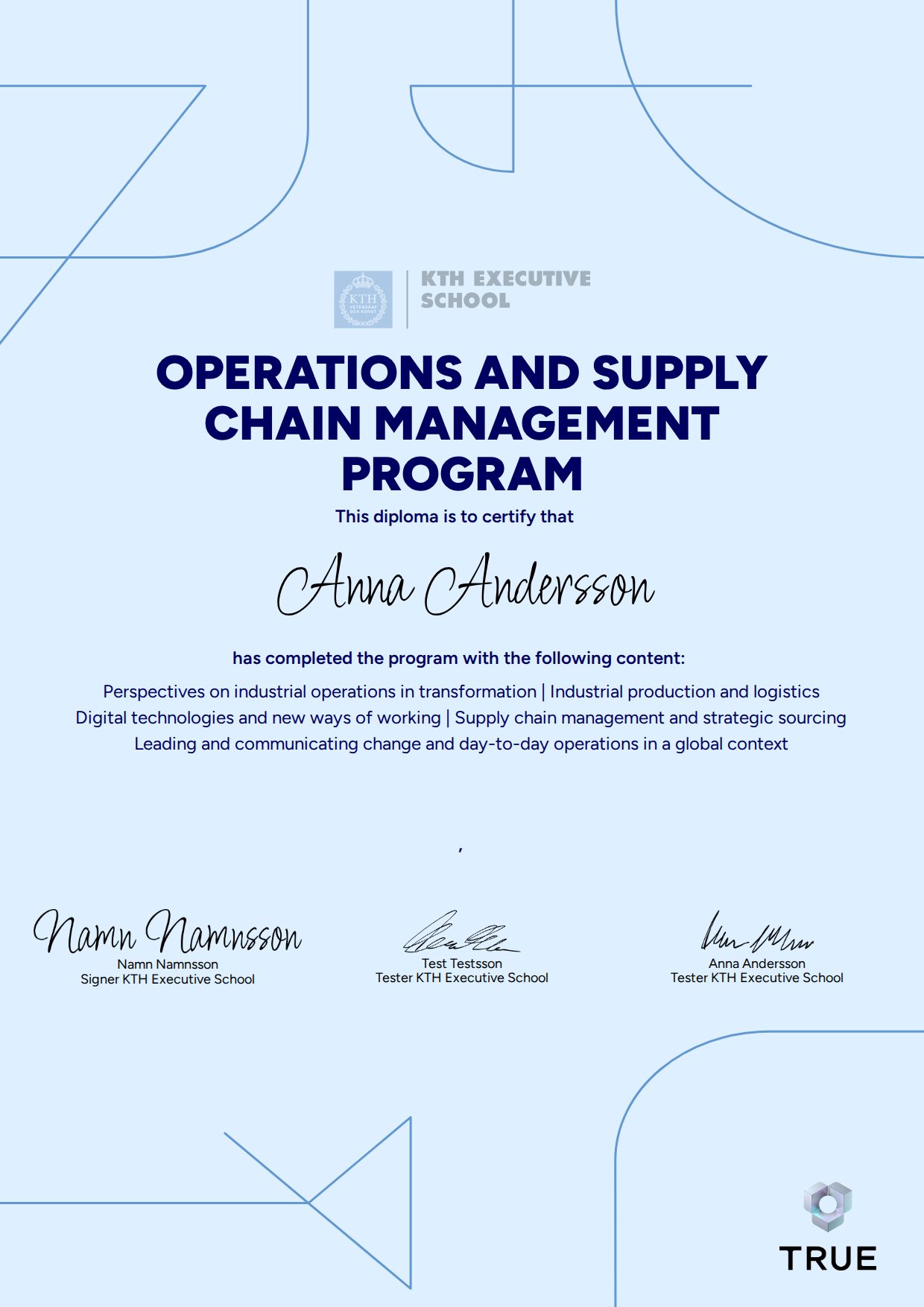 Exempel: diplom för Operations and Supply Chain Management Program från KTH Executive School