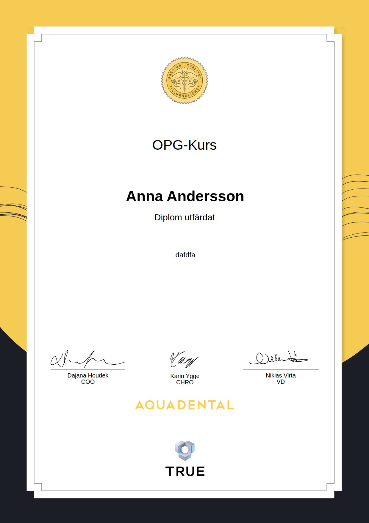 Exempel: diplom för OPG-Kurs från Aqua Dental