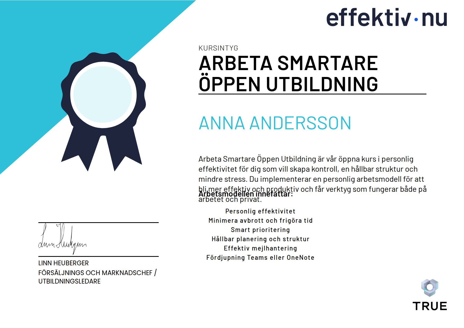 Exempel: diplom för Arbeta smartare Öppen Utbildning från Effektiv nu