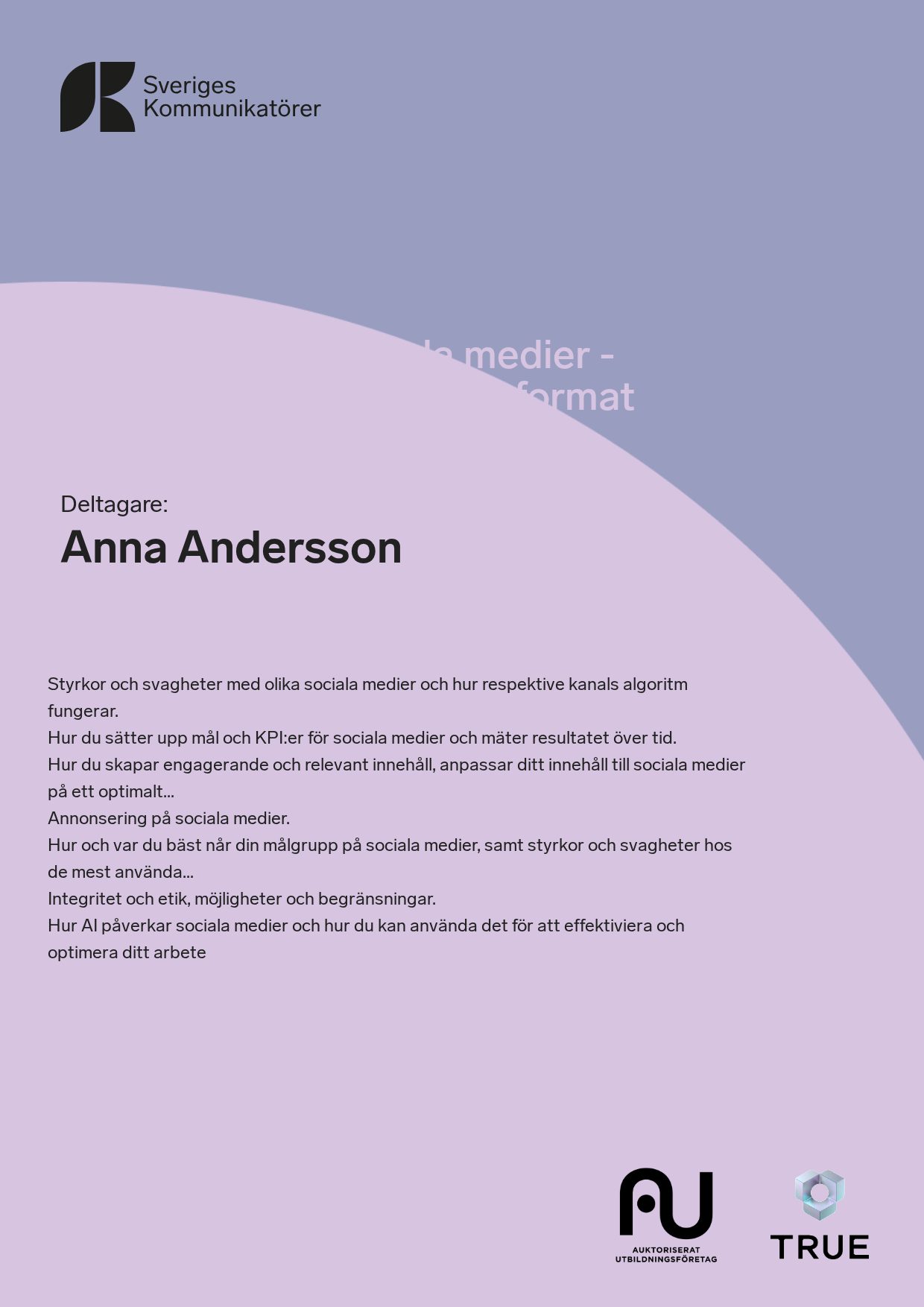 Example certificate for Optimera dina sociala medier - skapa rätt budskap i rätt format from Sveriges Kommunikatörer