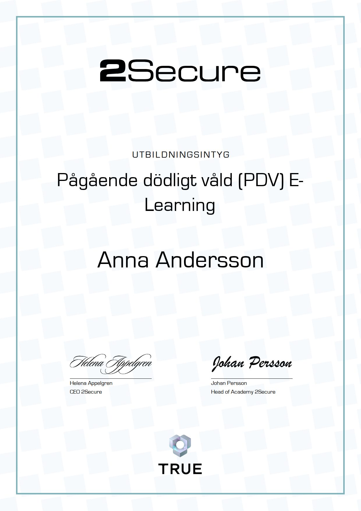 Example certificate for Pågående dödligt våld (PDV)
E-Learning from 2Secure