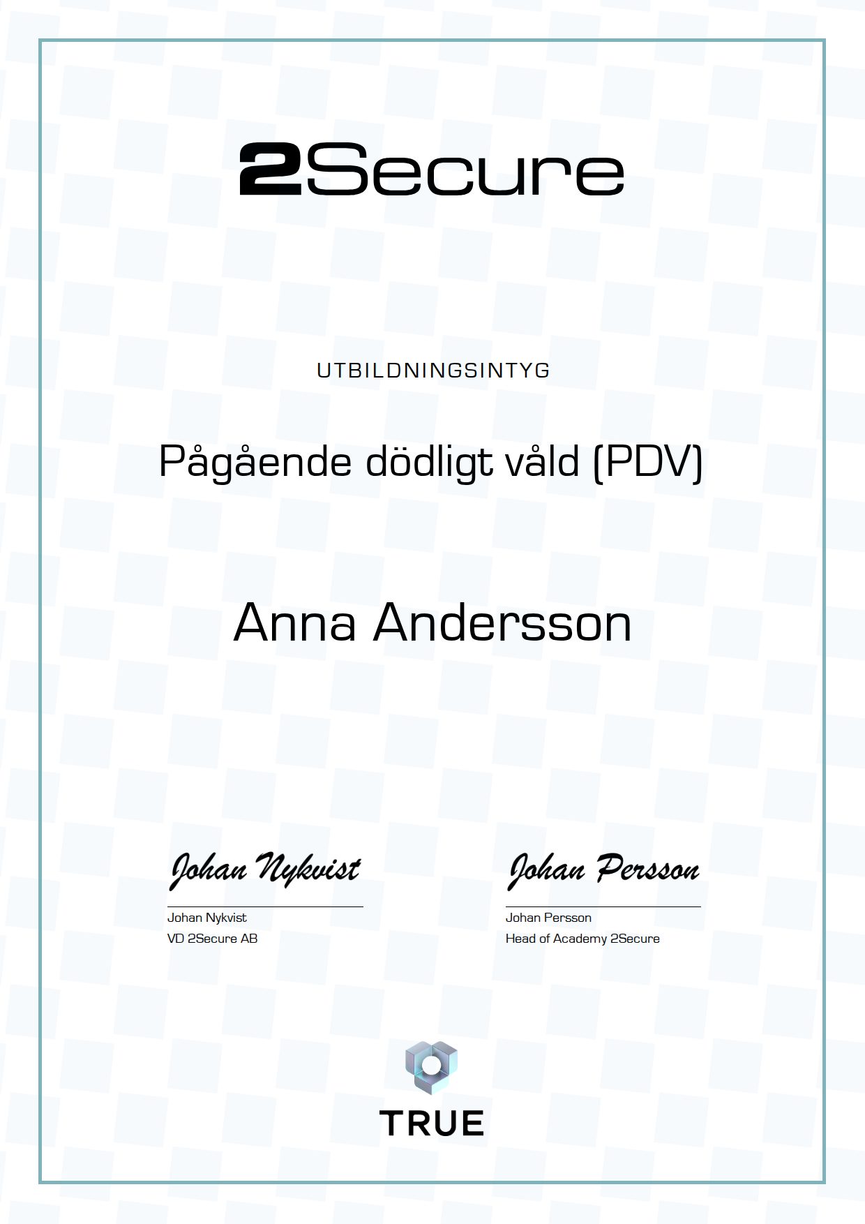 Example certificate for Pågående dödligt våld (PDV) from 2Secure