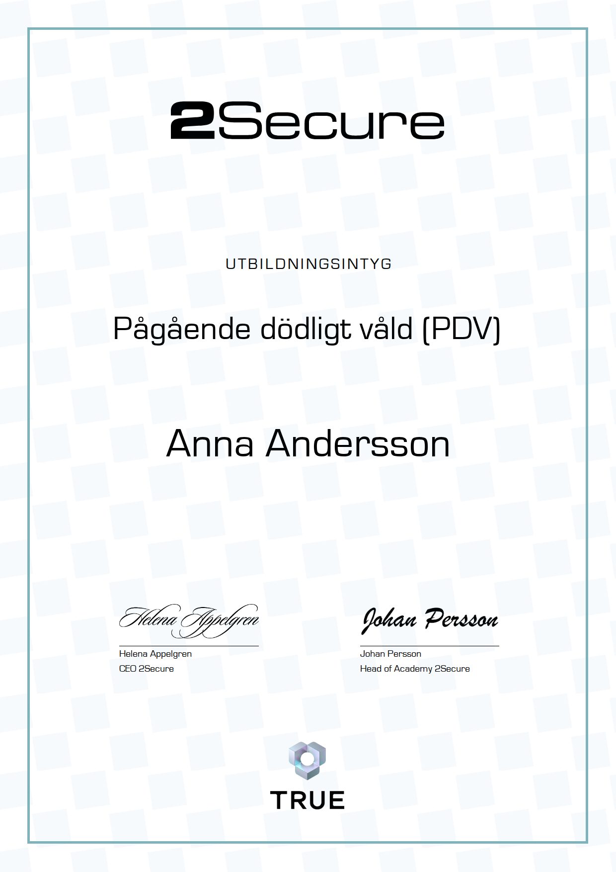 Example certificate for Pågående dödligt våld (PDV) from 2Secure