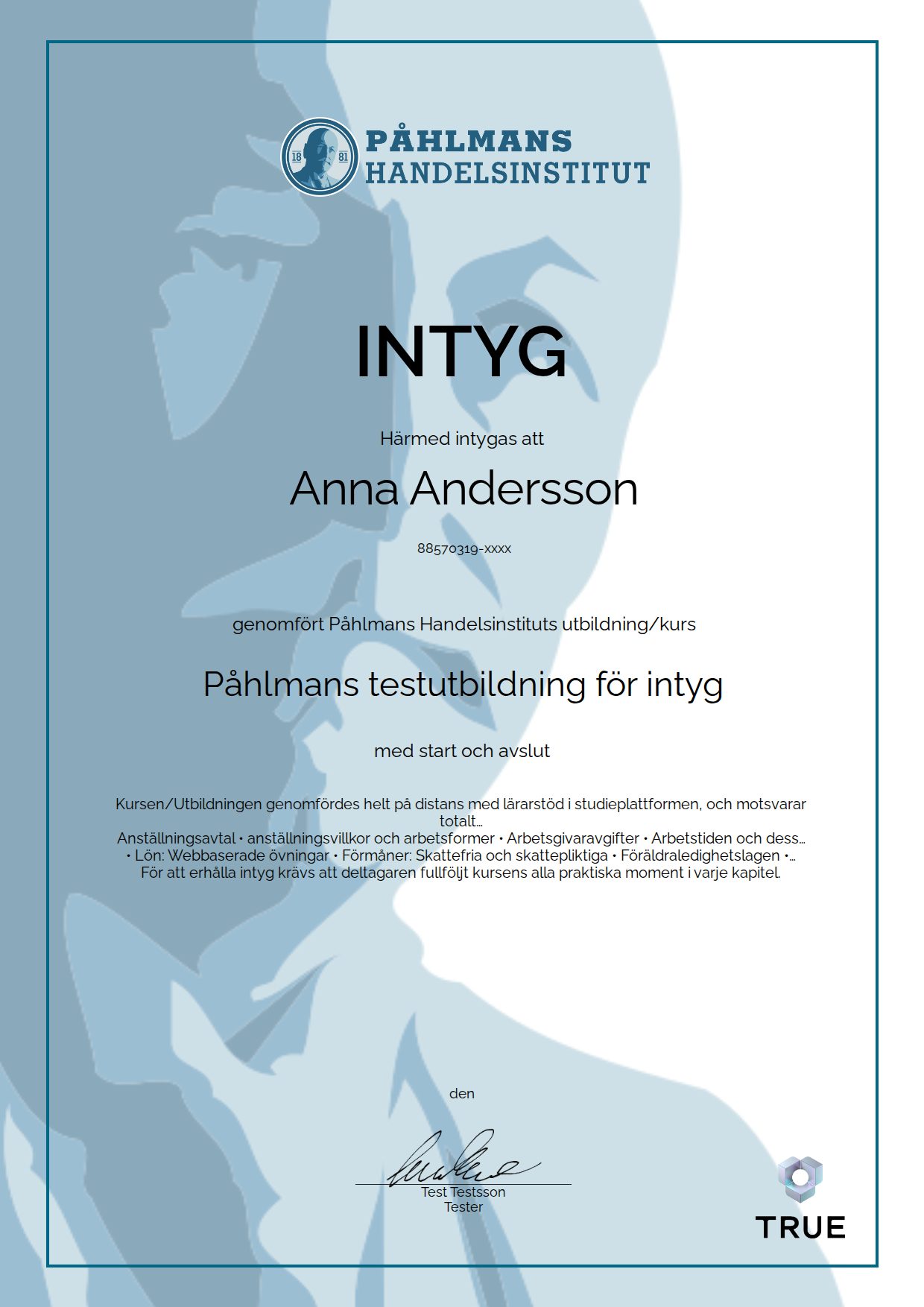 Exempel: diplom för Påhlmans testutbildning för intyg från Medborgarskolan- Påhlmans