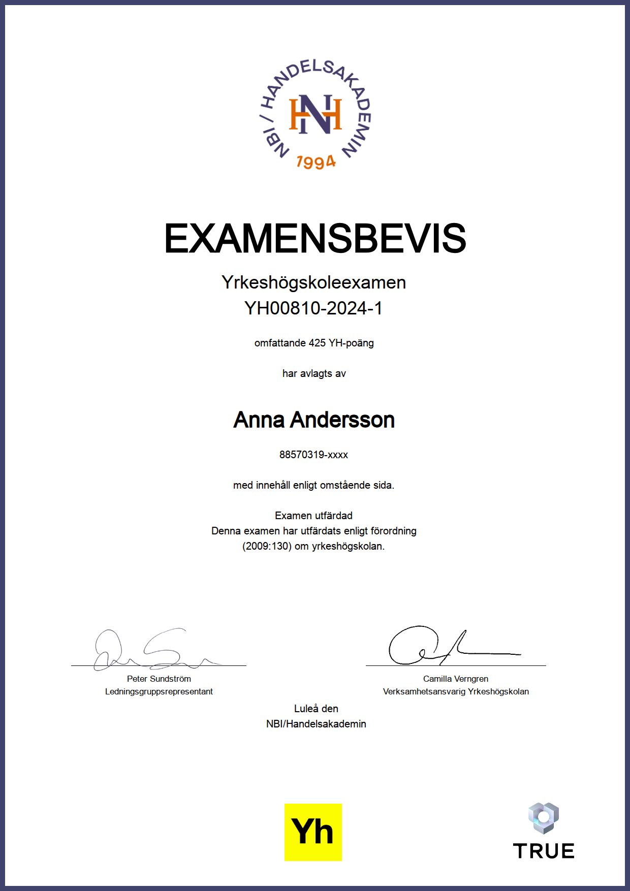 Example certificate for Paralegal from NBI/Handelsakademin