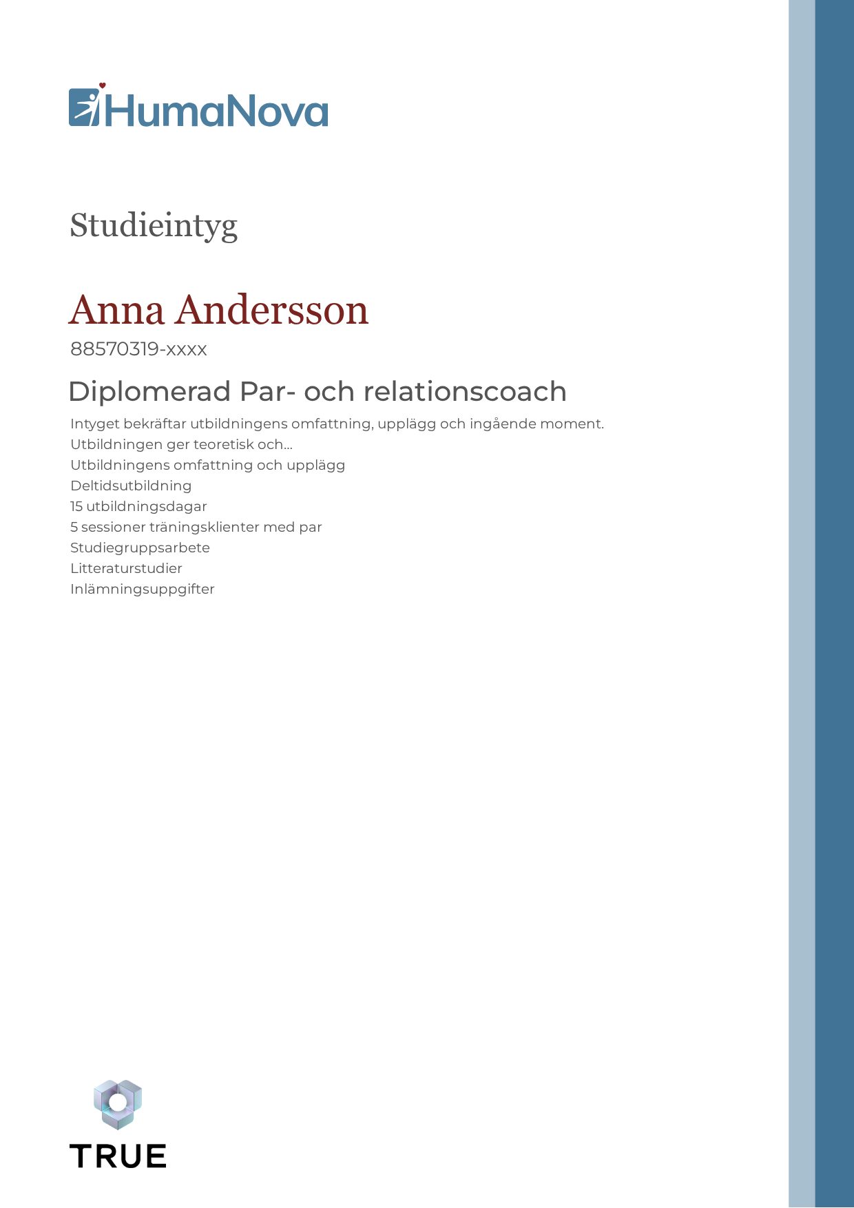Example certificate for Diplomerad Par- och relationscoach from Humanova Utbildning