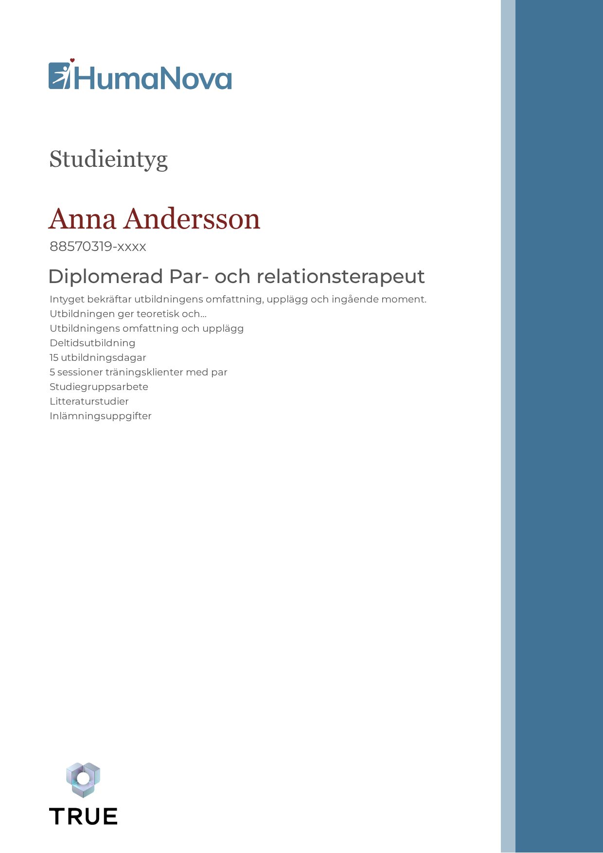 Example certificate for Diplomerad Par- och relationsterapeut from Humanova Utbildning