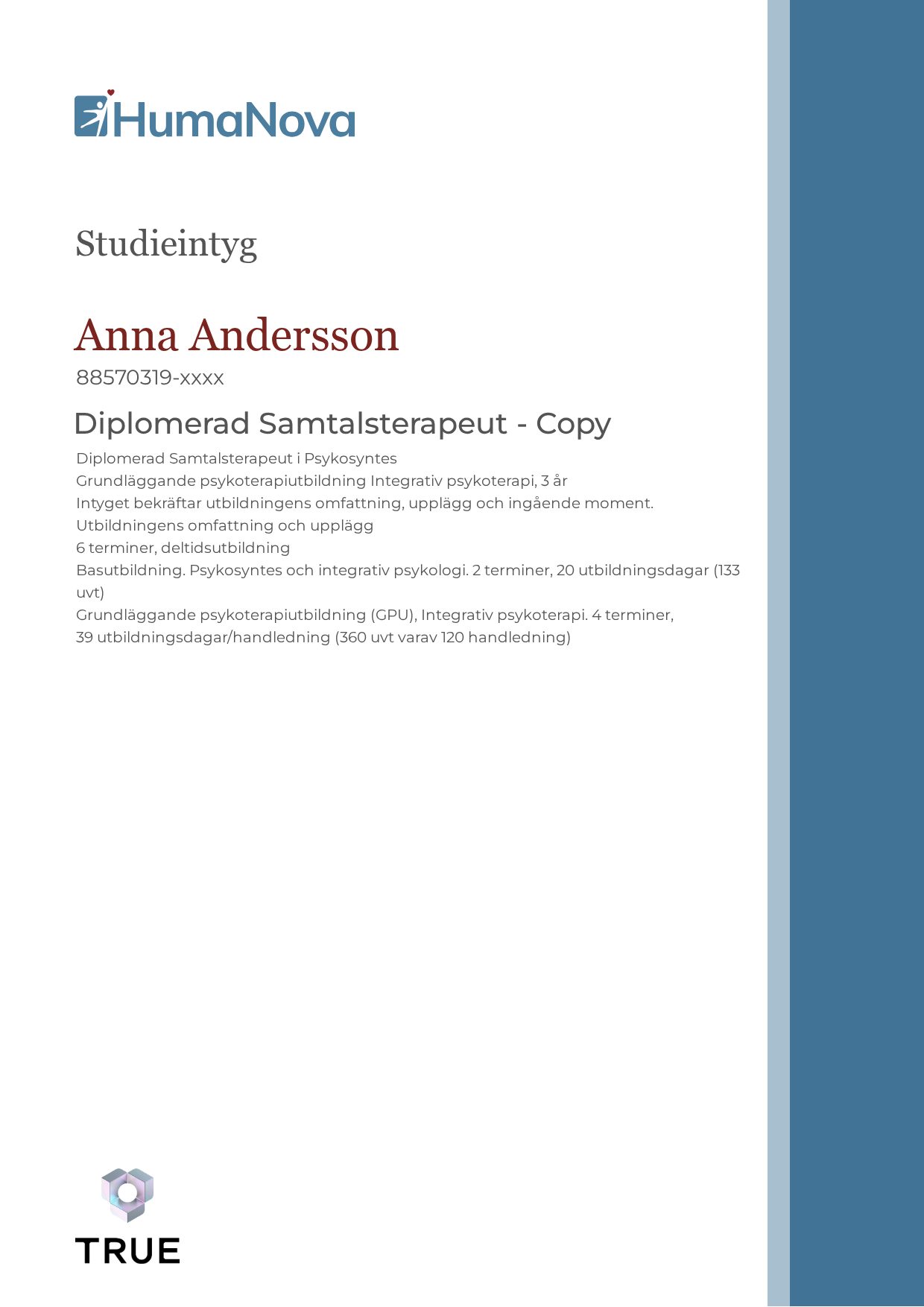Exempel: diplom för Diplomerad Samtalsterapeut - Copy från Humanova Utbildning