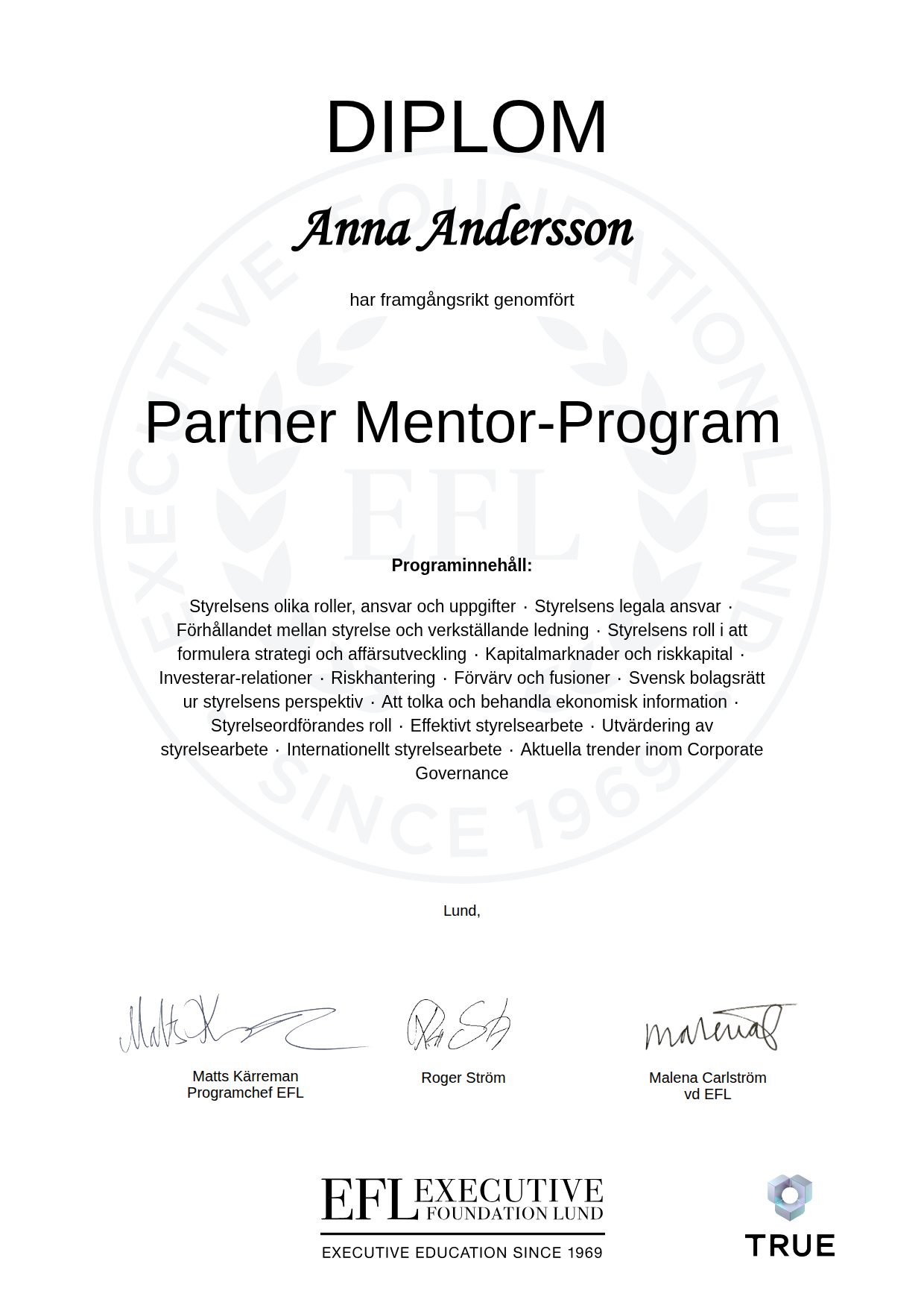Exempel: diplom för Partner Mentor-Program från EFL Executive Education