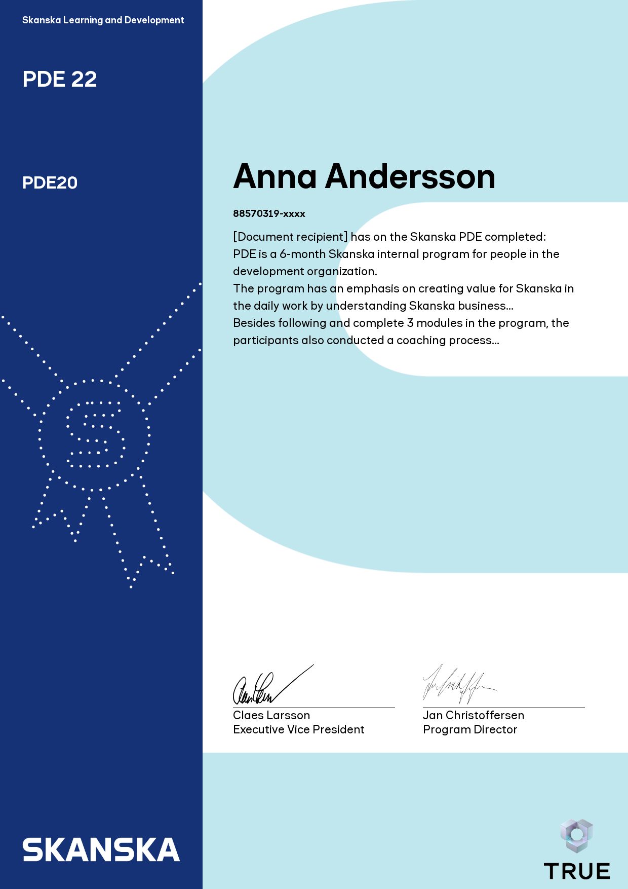Example certificate for PDE 22 from Skanska