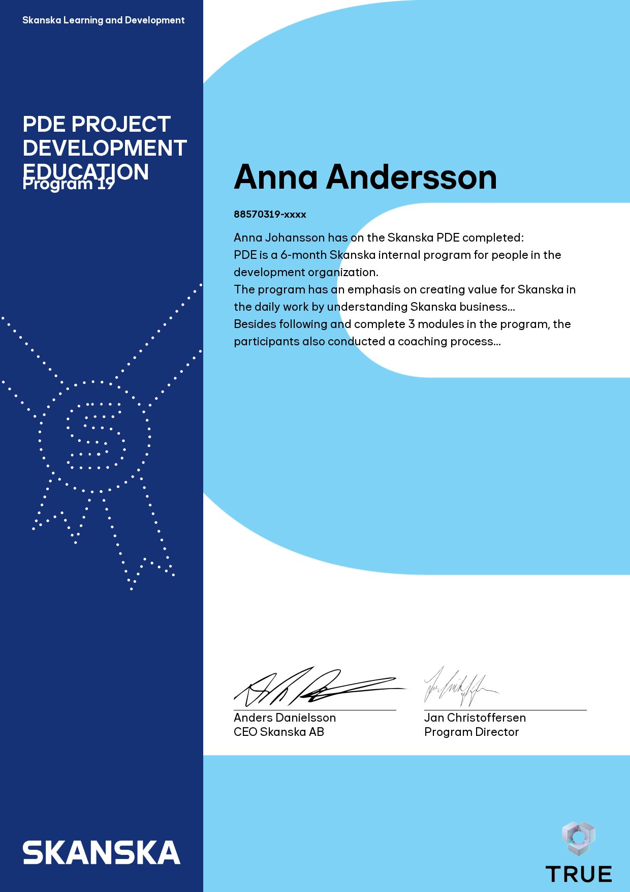 Exempel: diplom för PDE Project Development Education från Skanska