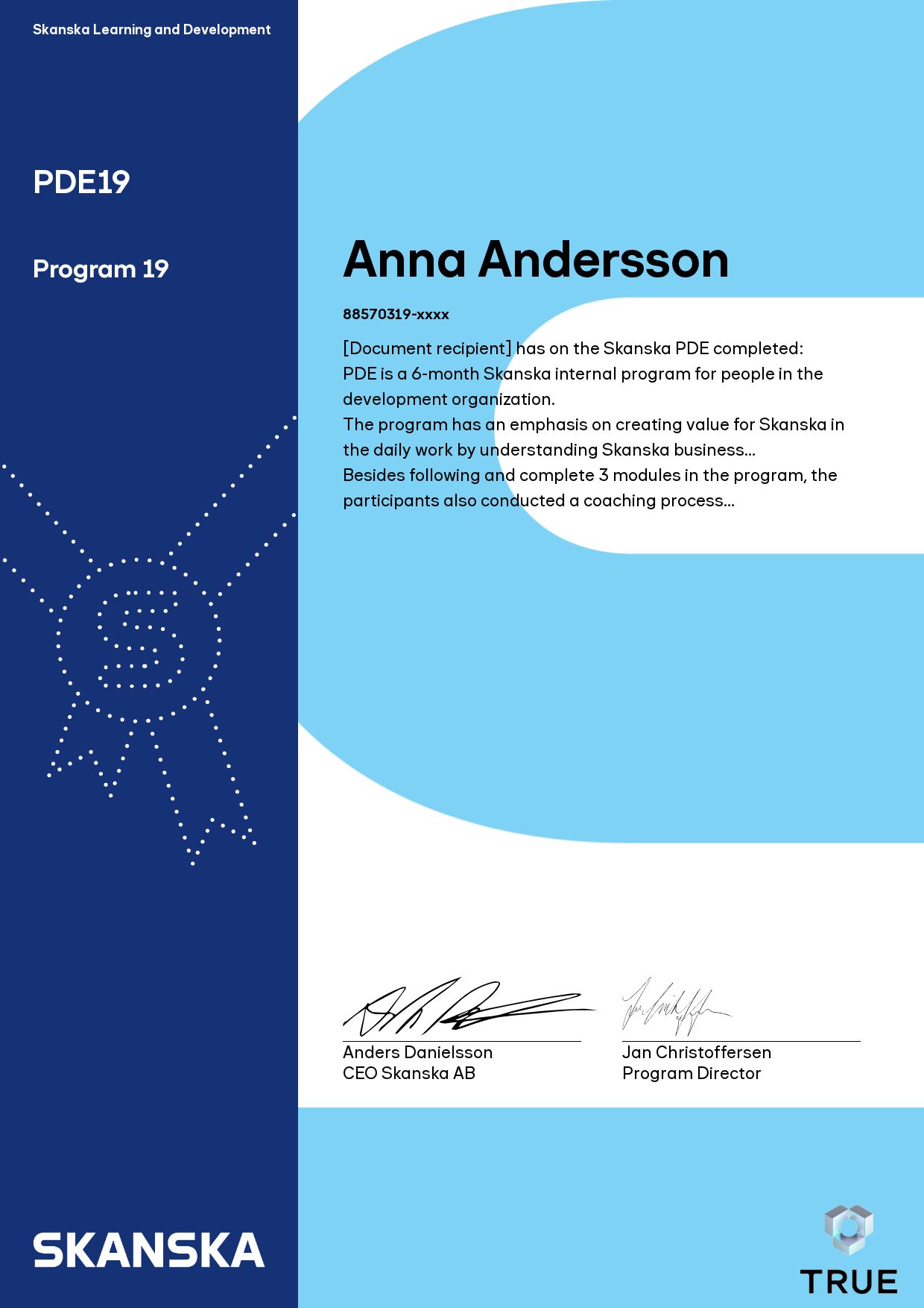Example certificate for PDE19 from Skanska