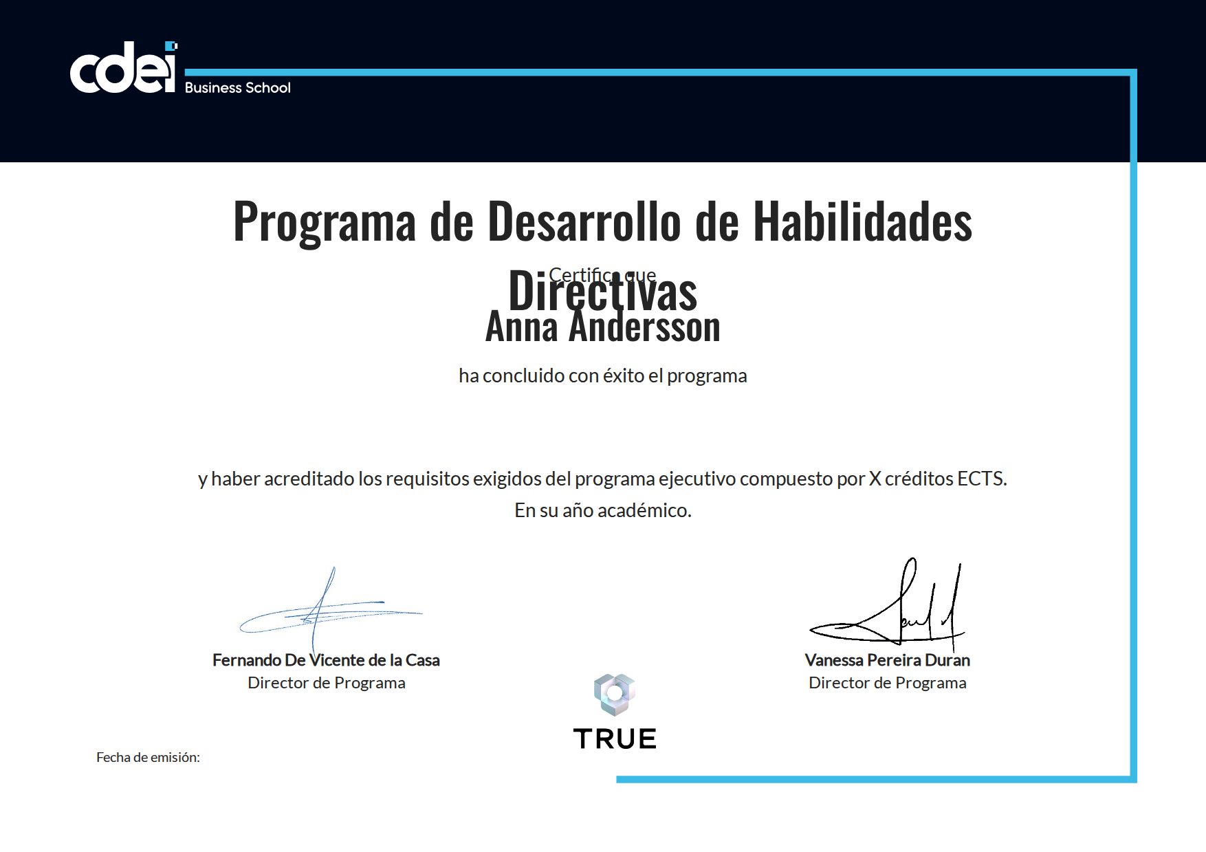 Exempel: diplom för Programa de Desarrollo de Habilidades Directivas från CDEI Business School