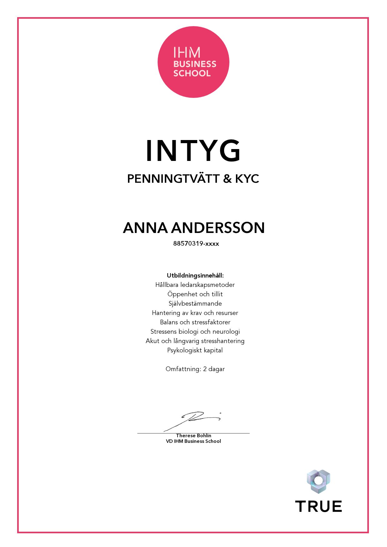 Example certificate for Penningtvätt & KYC from IHM Business School