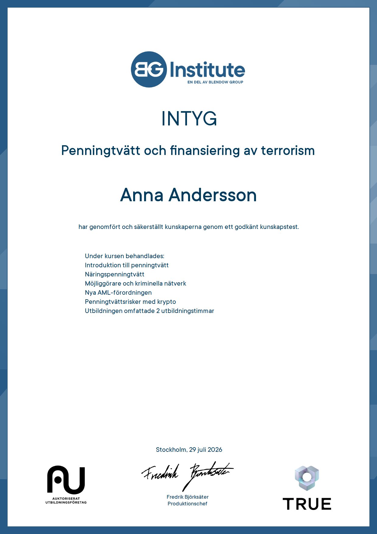 Example certificate for Penningtvätt och finansiering av terrorism from BG Institute - Blendow
