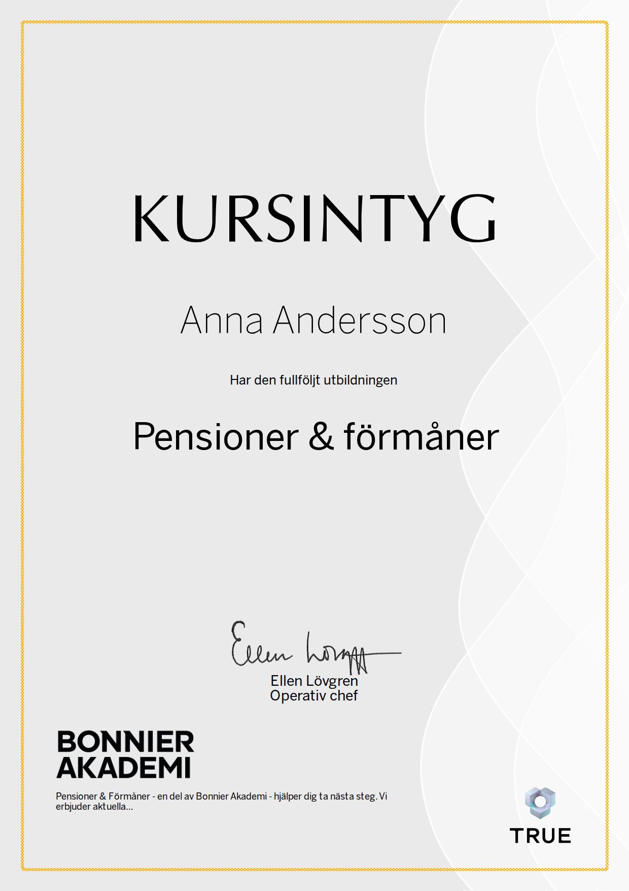 Exempel: diplom för Pensioner & förmåner från Bonnier Akademi