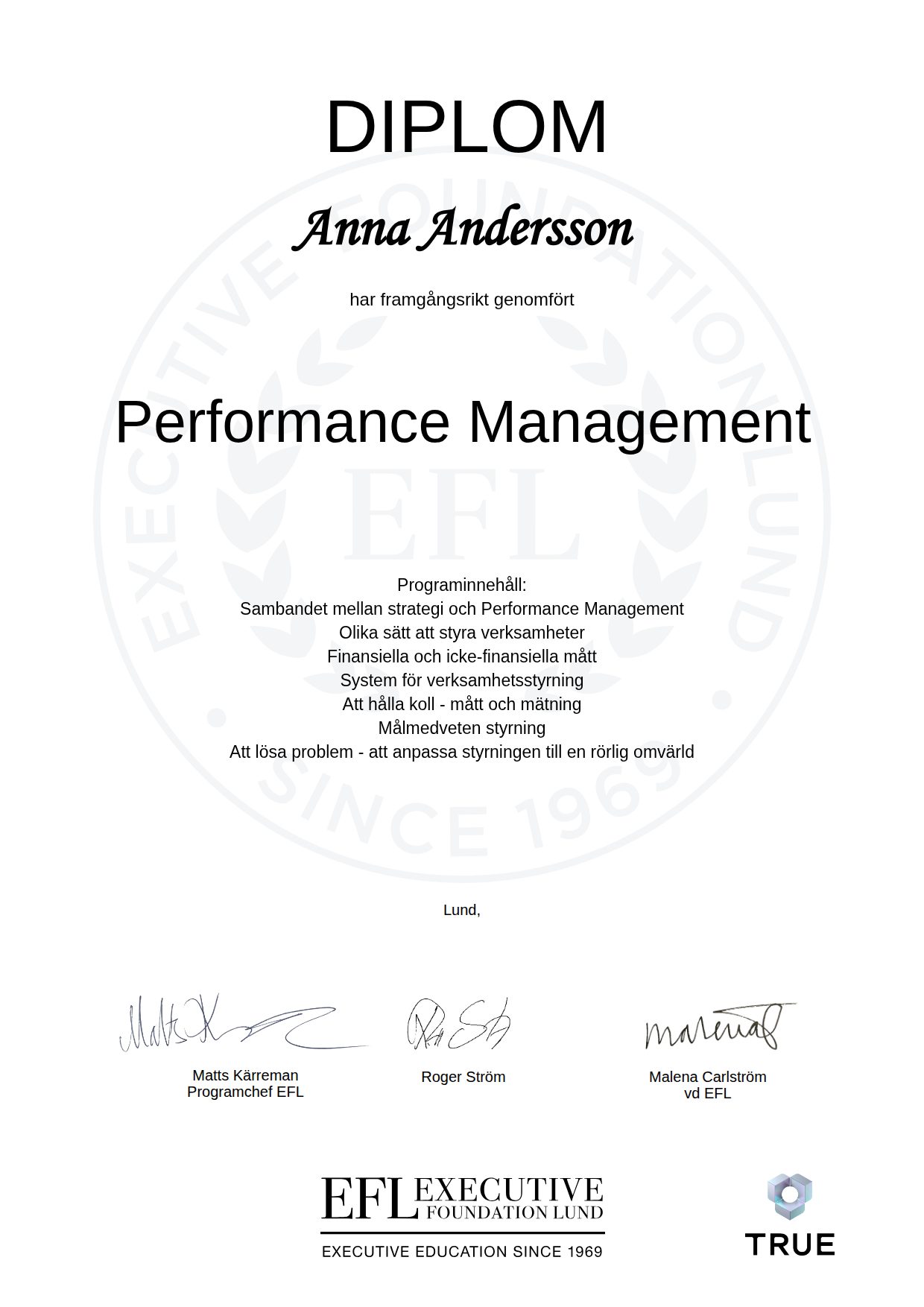 Exempel: diplom för Performance Management från EFL Executive Education