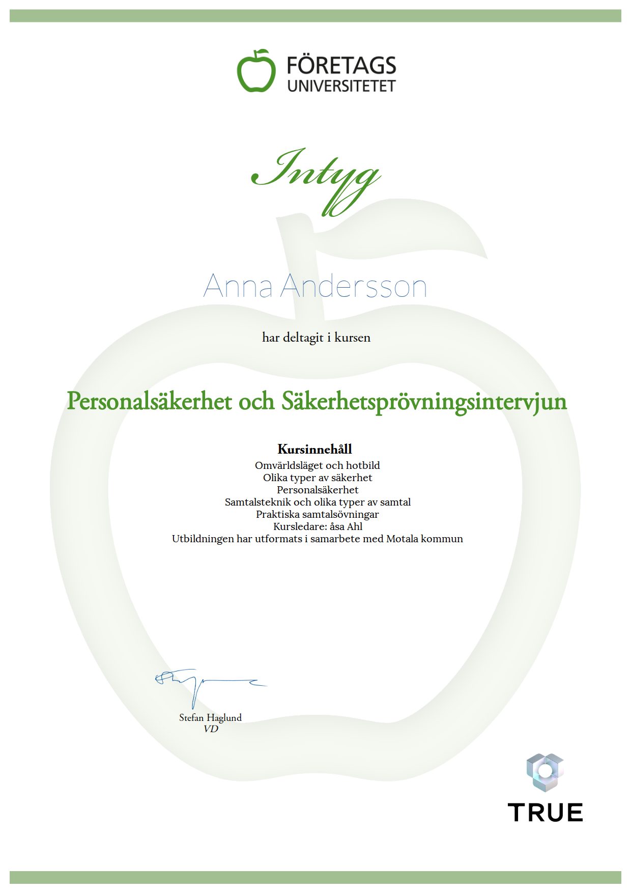 Exempel: diplom för Personalsäkerhet och Säkerhetsprövningsintervjun från Företagsuniversitetet