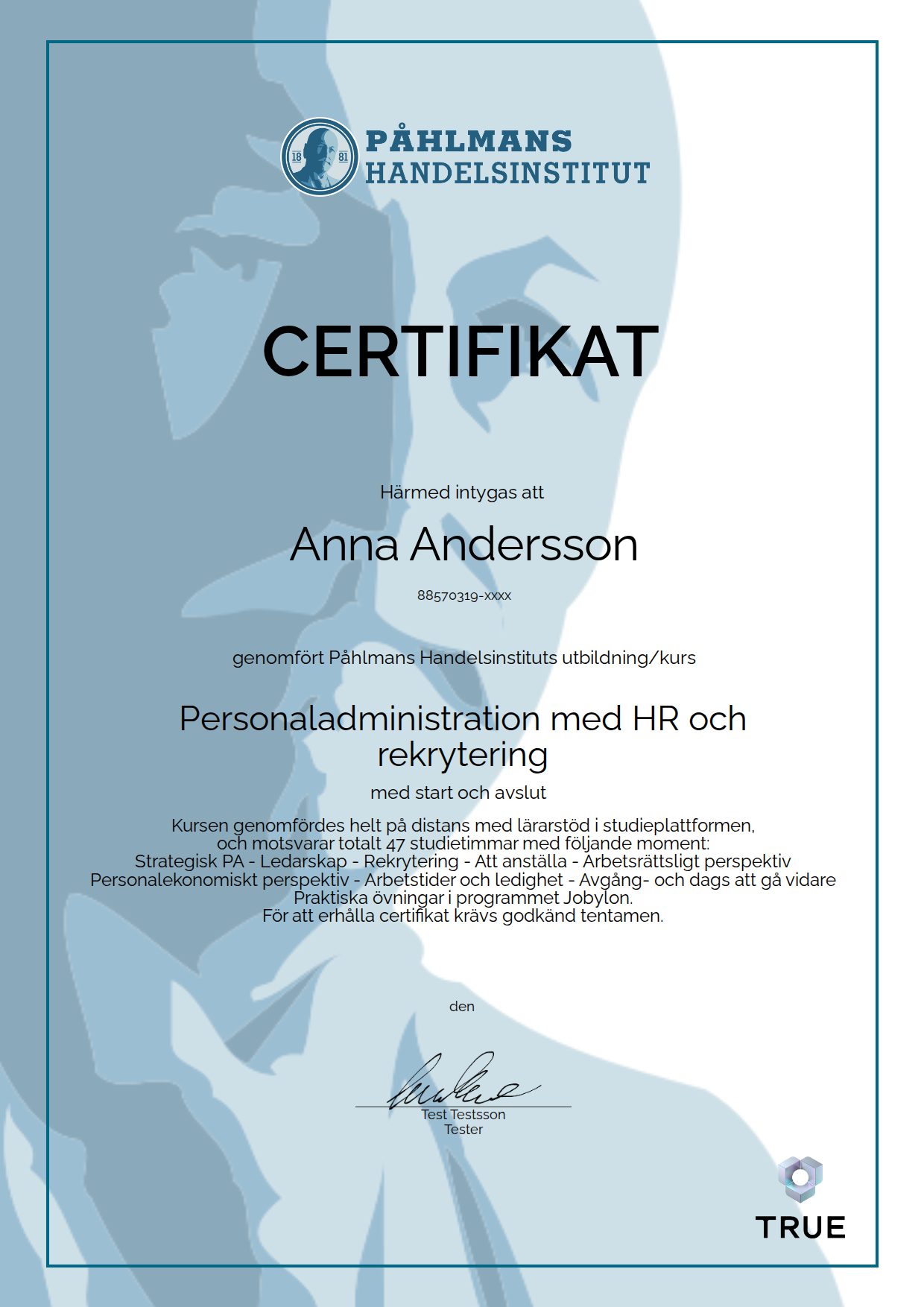 Exempel: diplom för Personaladministration med HR och rekrytering från Medborgarskolan- Påhlmans