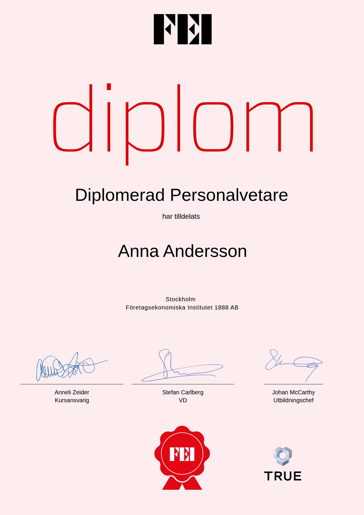 Exempel: diplom för Diplomerad Personalvetare från FEI - Företagsekonomiska Institutet