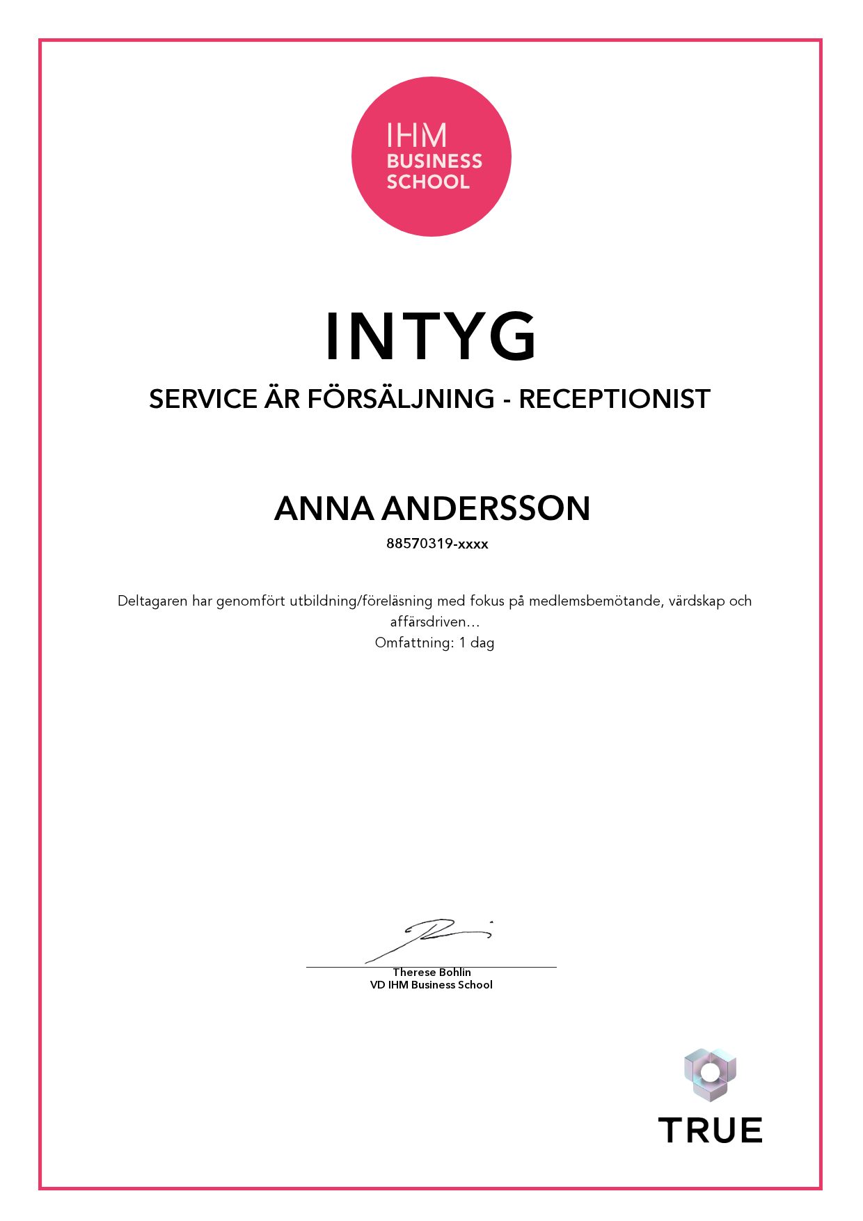 Example certificate for Service är försäljning - Receptionist from IHM Business School
