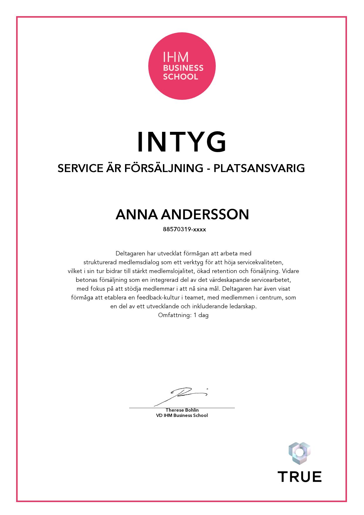 Exempel: diplom för Service är försäljning - Platsansvarig från IHM Business School