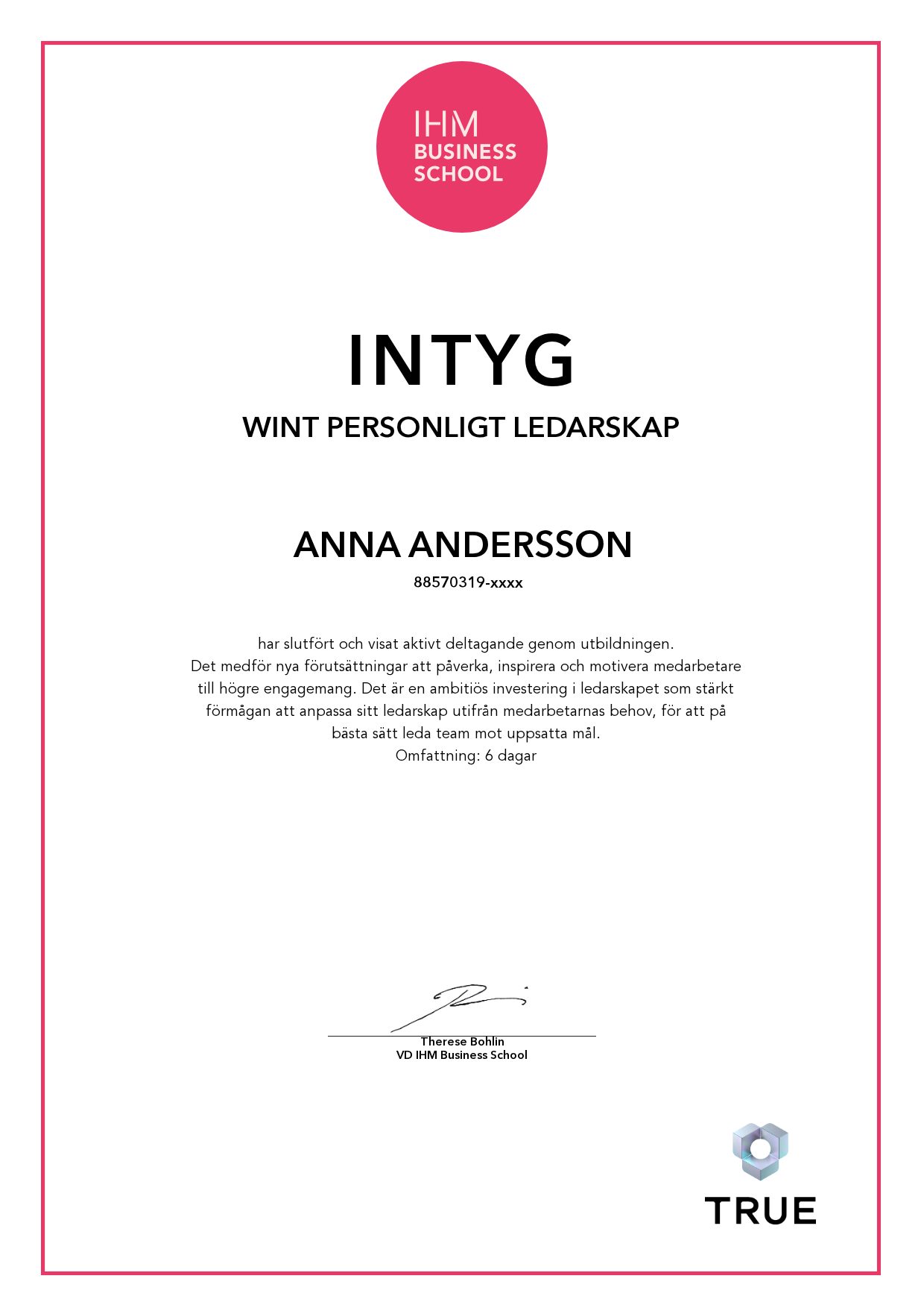Example certificate for Wint Personligt Ledarskap from IHM Business School