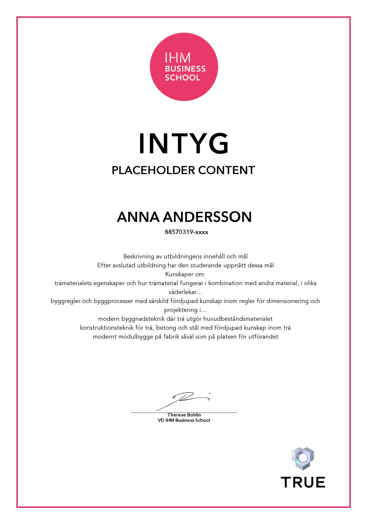 Exempel: diplom för placeholder content från IHM Business School