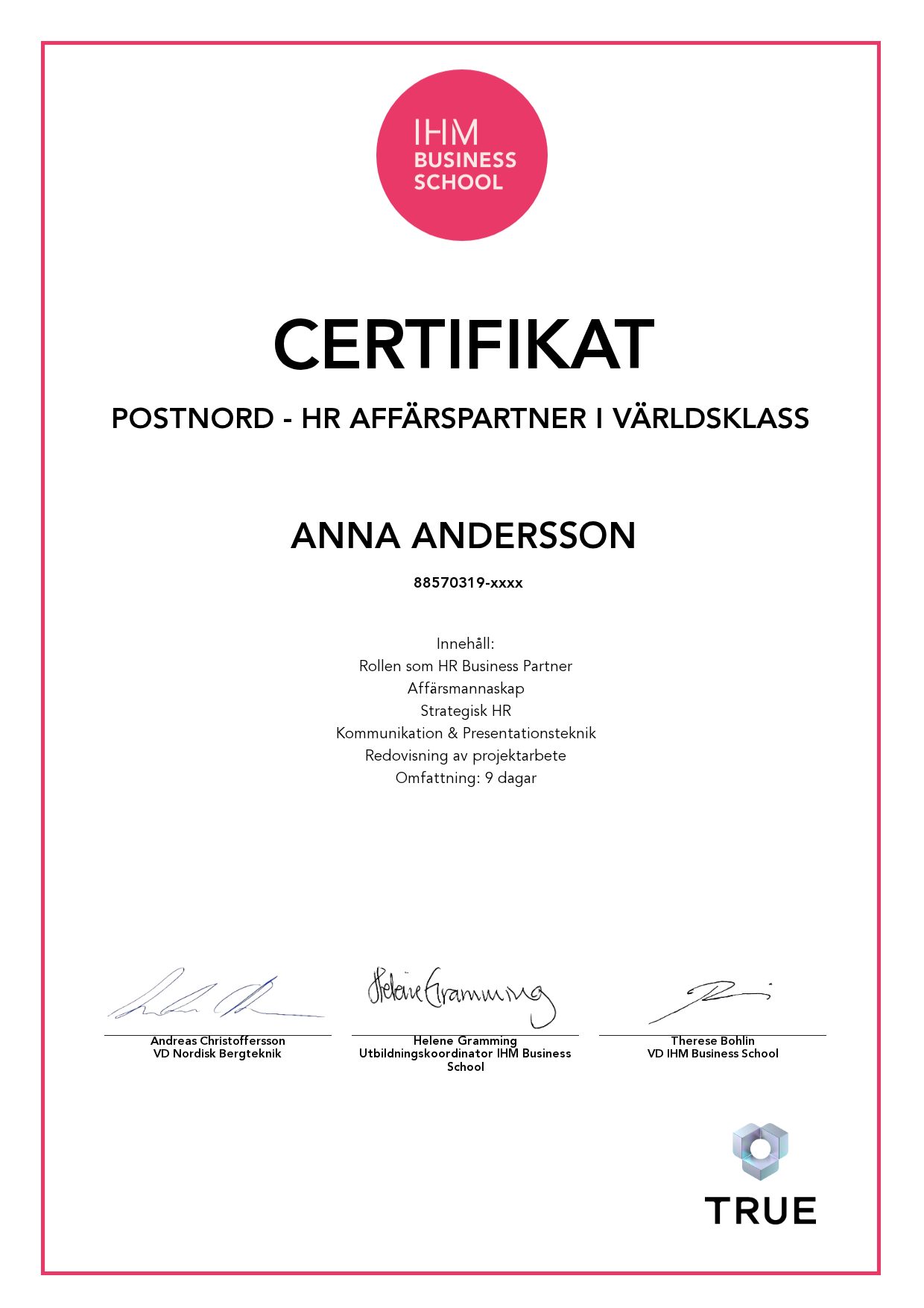 Exempel: diplom för PostNord - HR Affärspartner i världsklass från IHM Business School