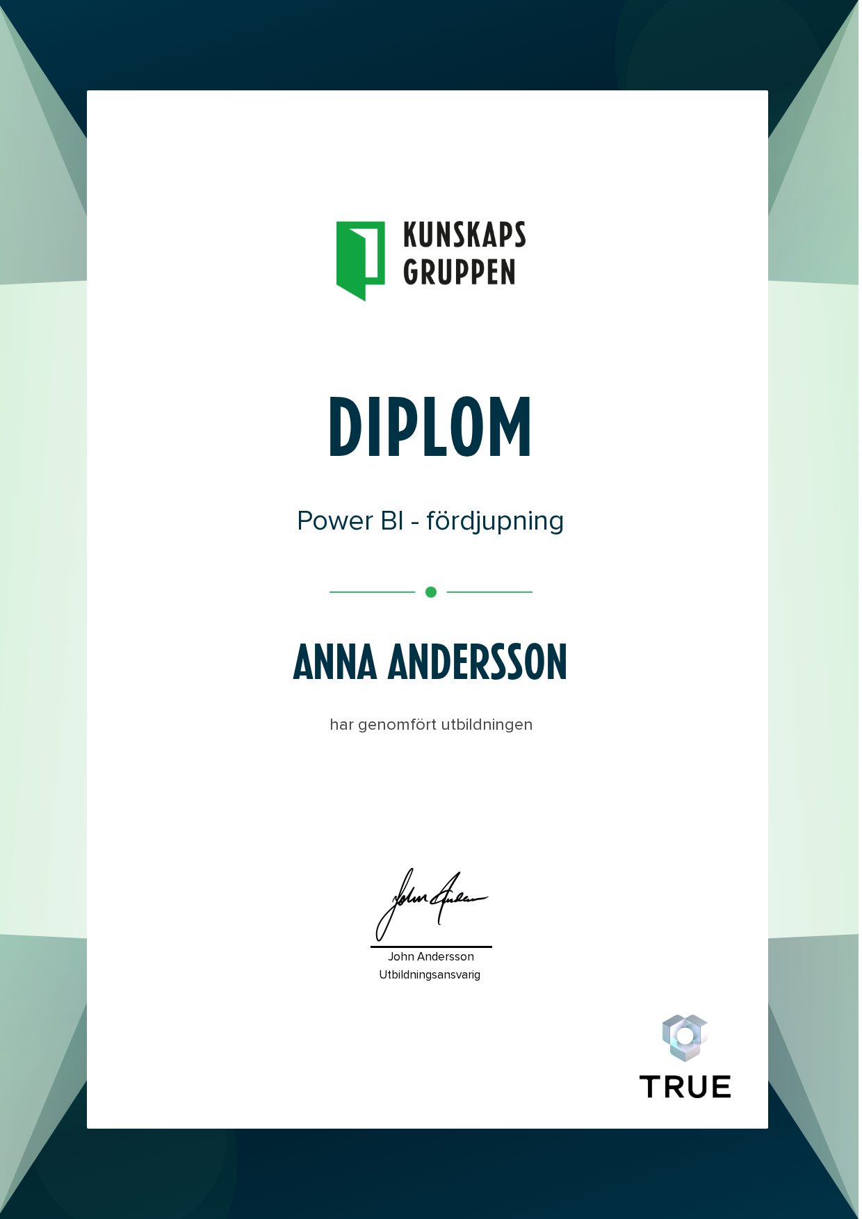 Example certificate for Power BI - fördjupning from Kunskapsgruppen