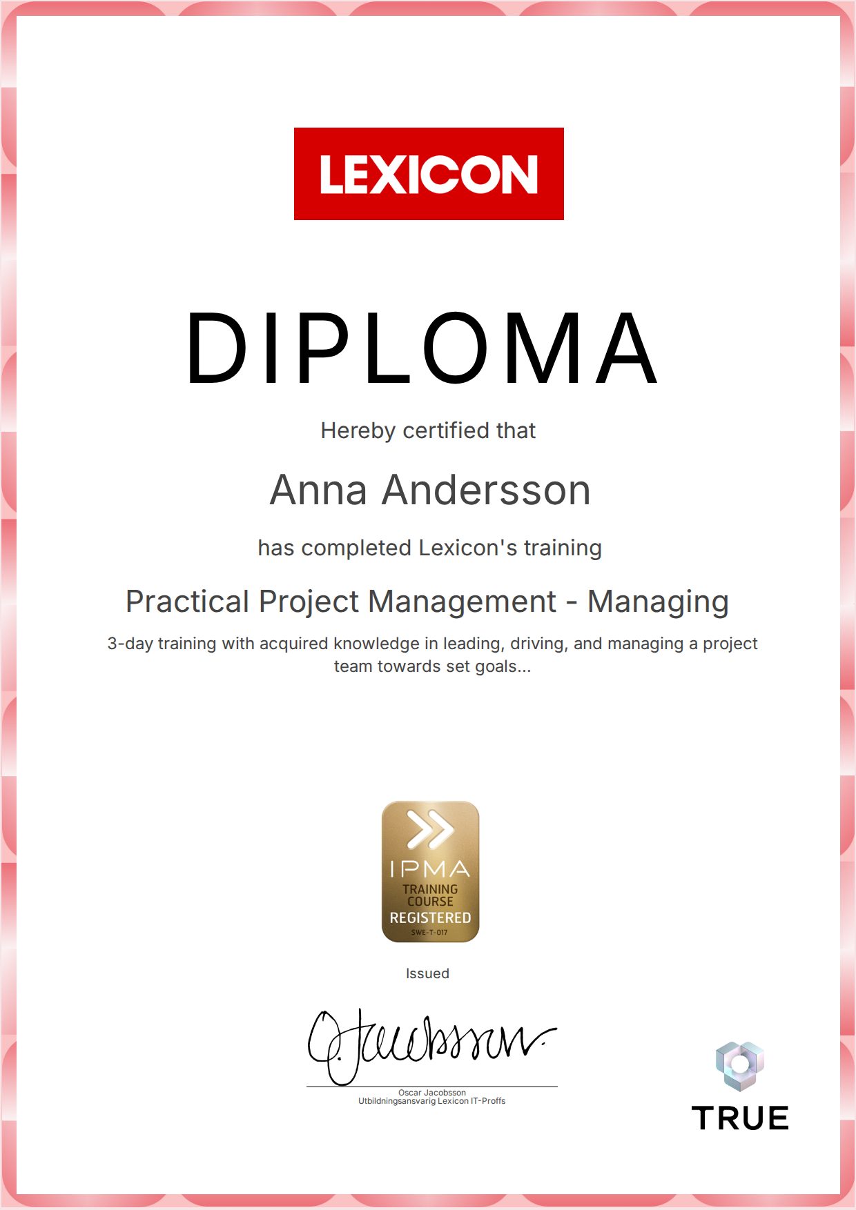 Exempel: diplom för Practical Project Management - Managing från Lexicon IT-Proffs AB