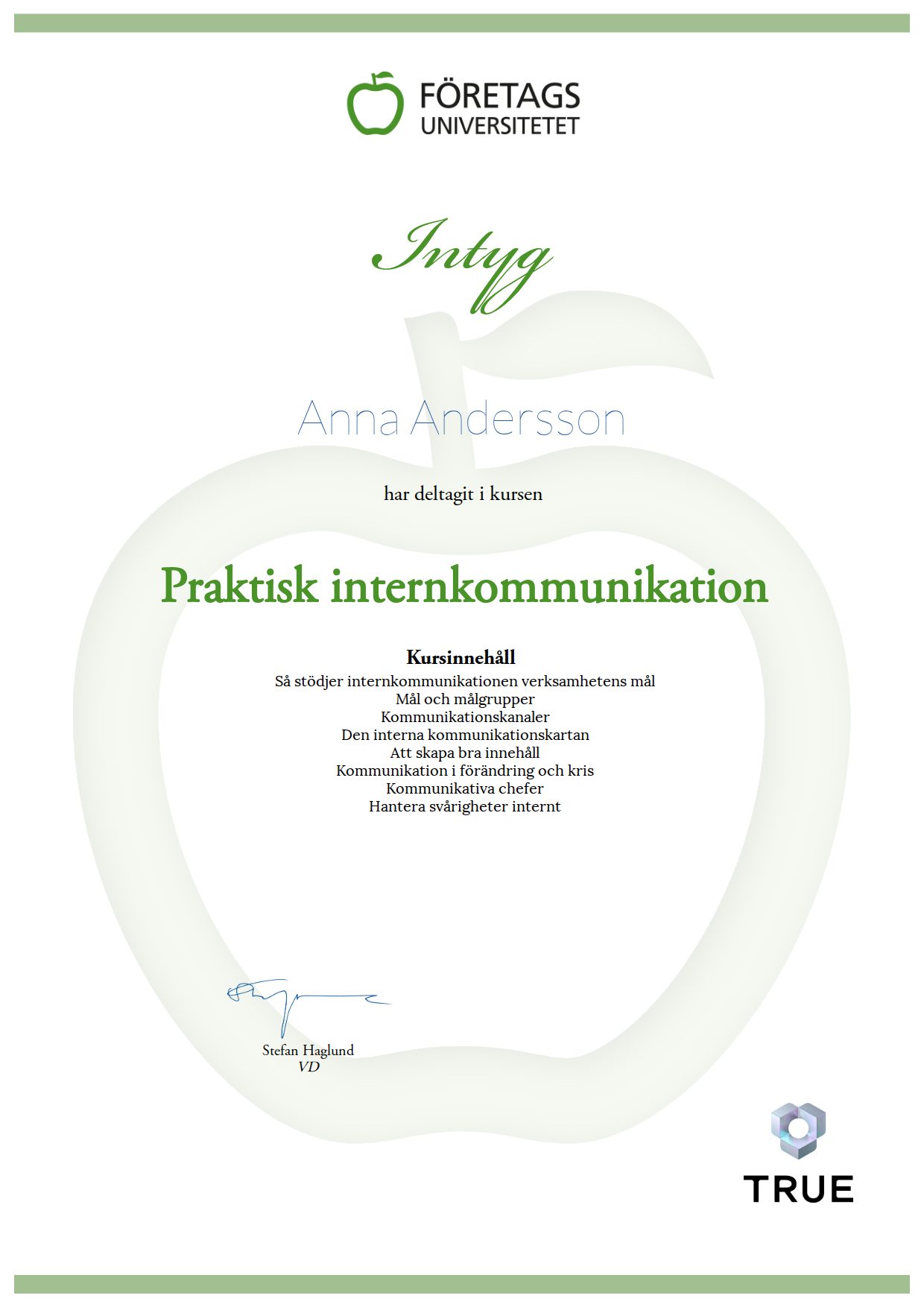 Exempel: diplom för Praktisk internkommunikation från Företagsuniversitetet