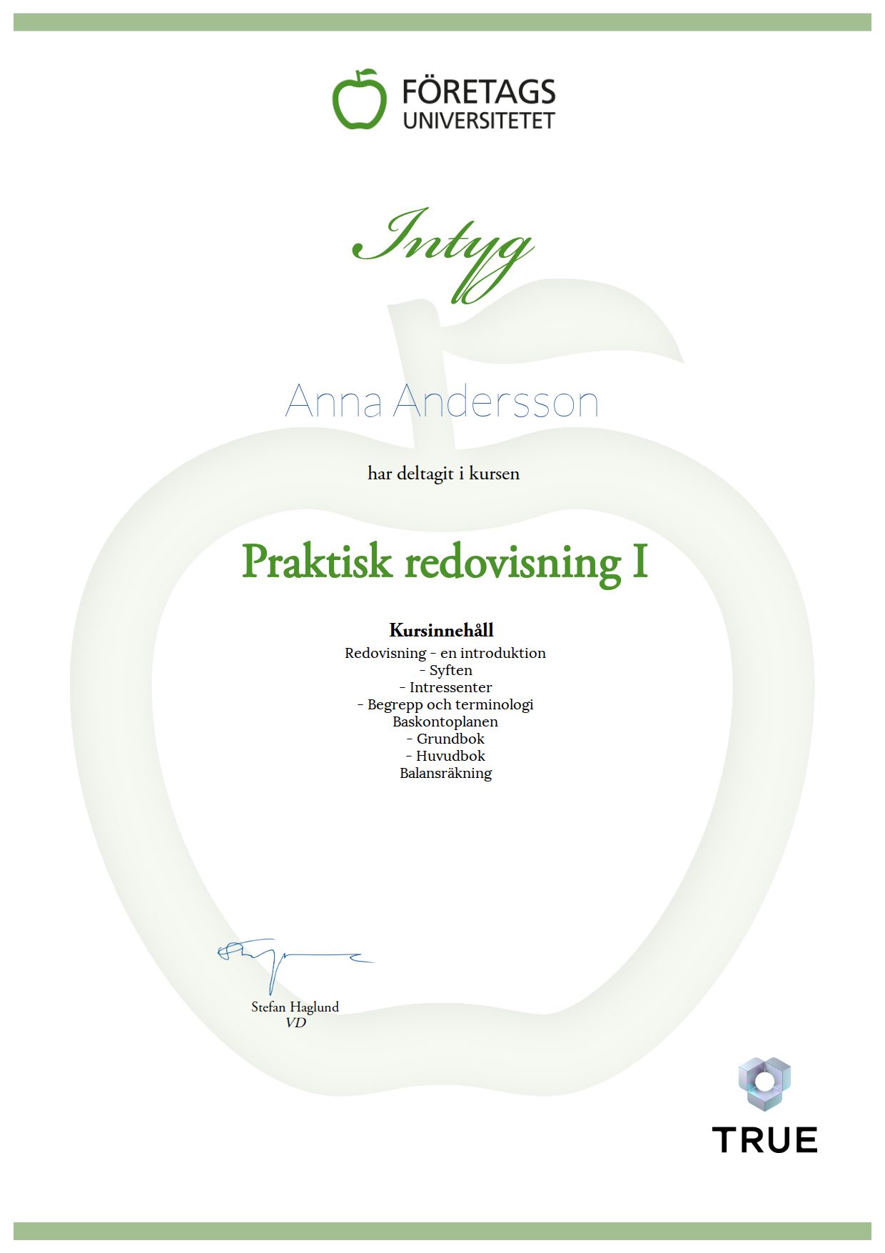 Exempel: diplom för Praktisk redovisning I från Företagsuniversitetet