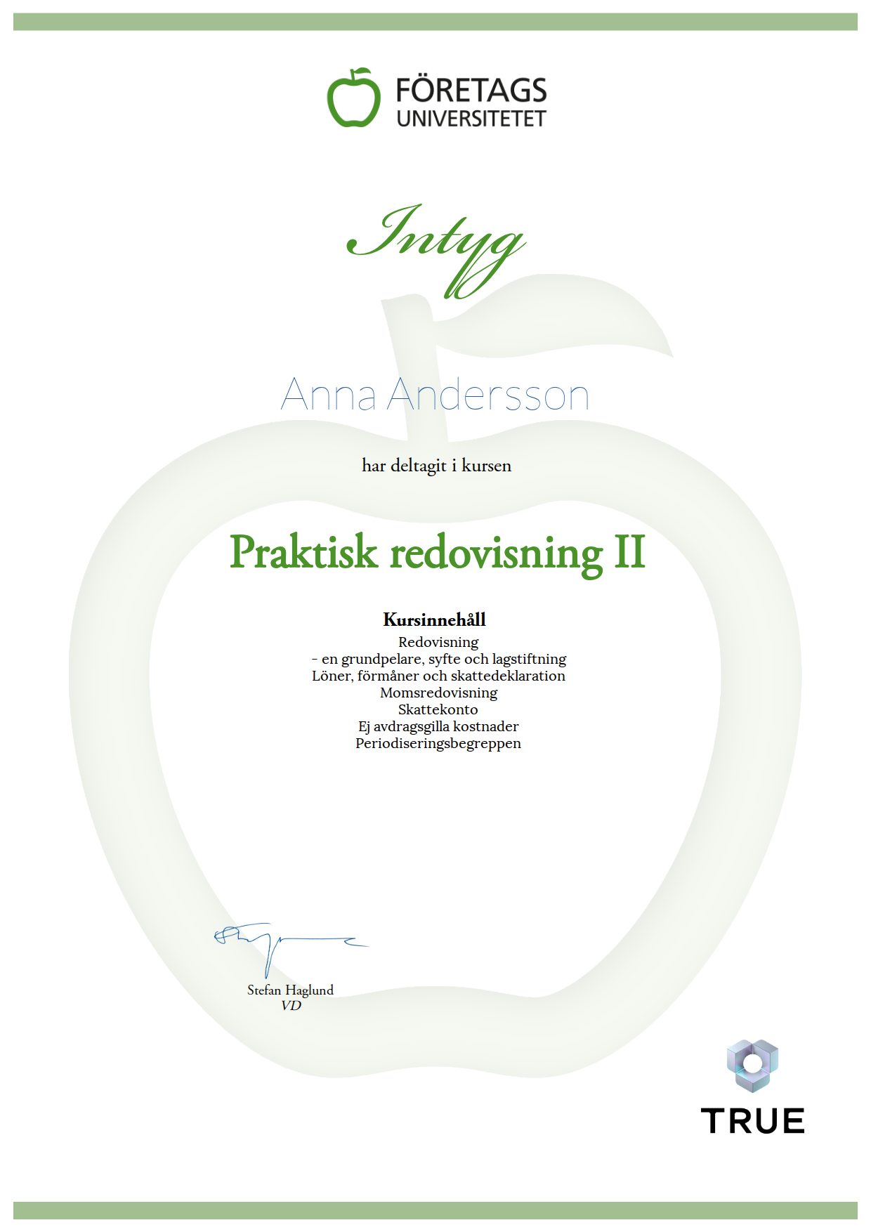 Exempel: diplom för Praktisk redovisning II från Företagsuniversitetet