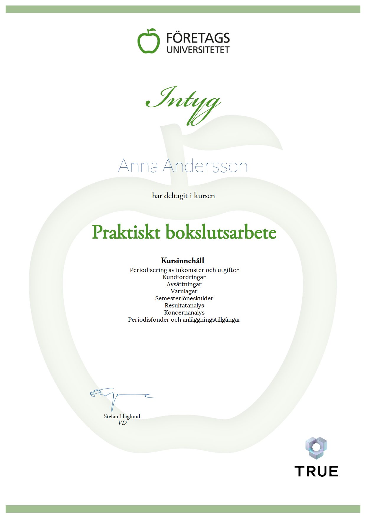 Exempel: diplom för Praktiskt bokslutsarbete från Företagsuniversitetet