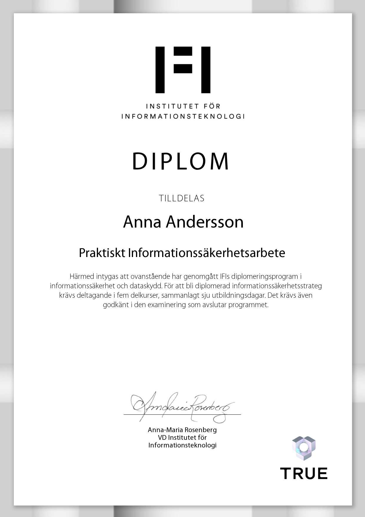Exempel: diplom för Praktiskt Informationssäkerhetsarbete från IFI AB