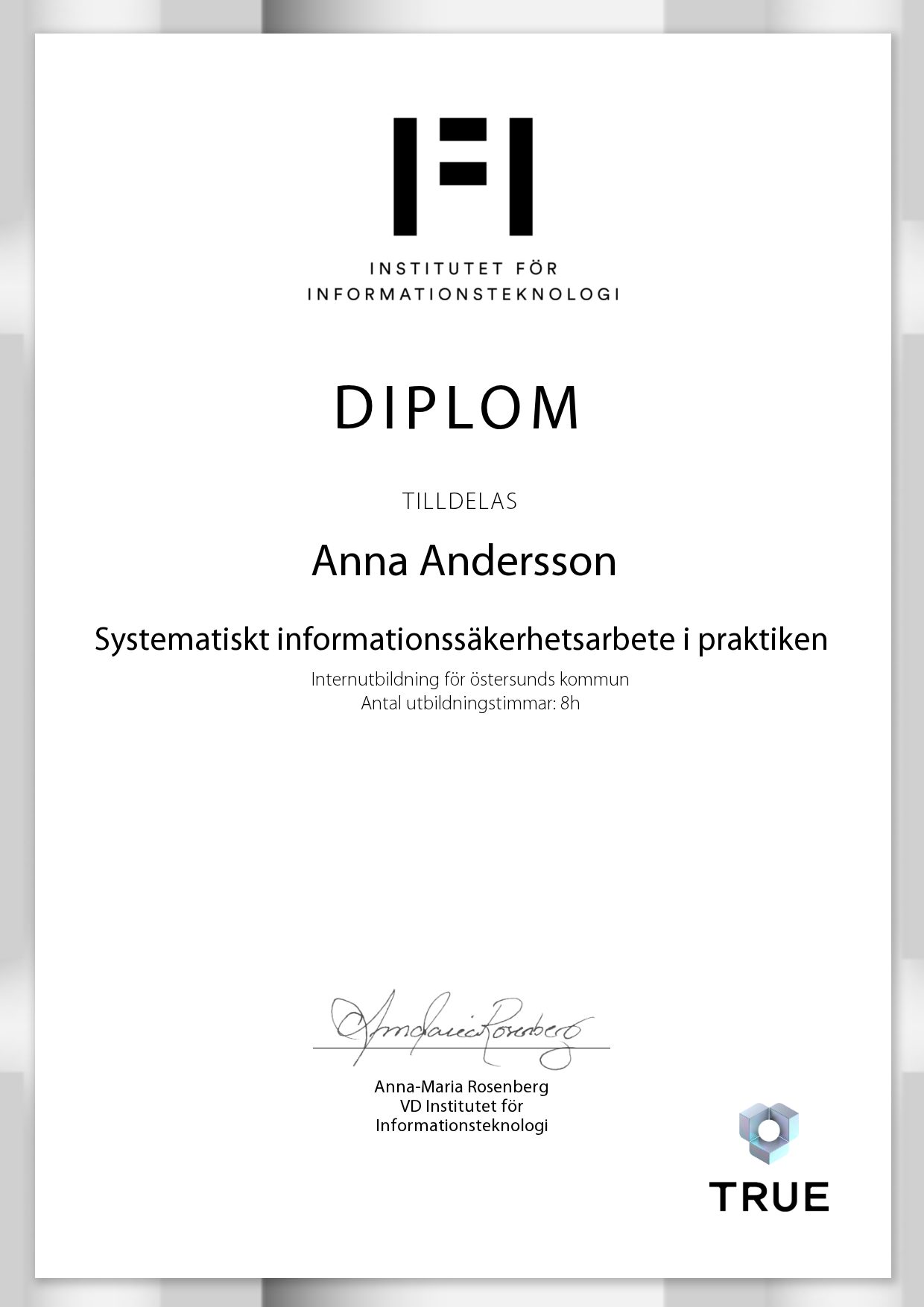 Exempel: diplom för Systematiskt informationssäkerhetsarbete i praktiken från IFI AB