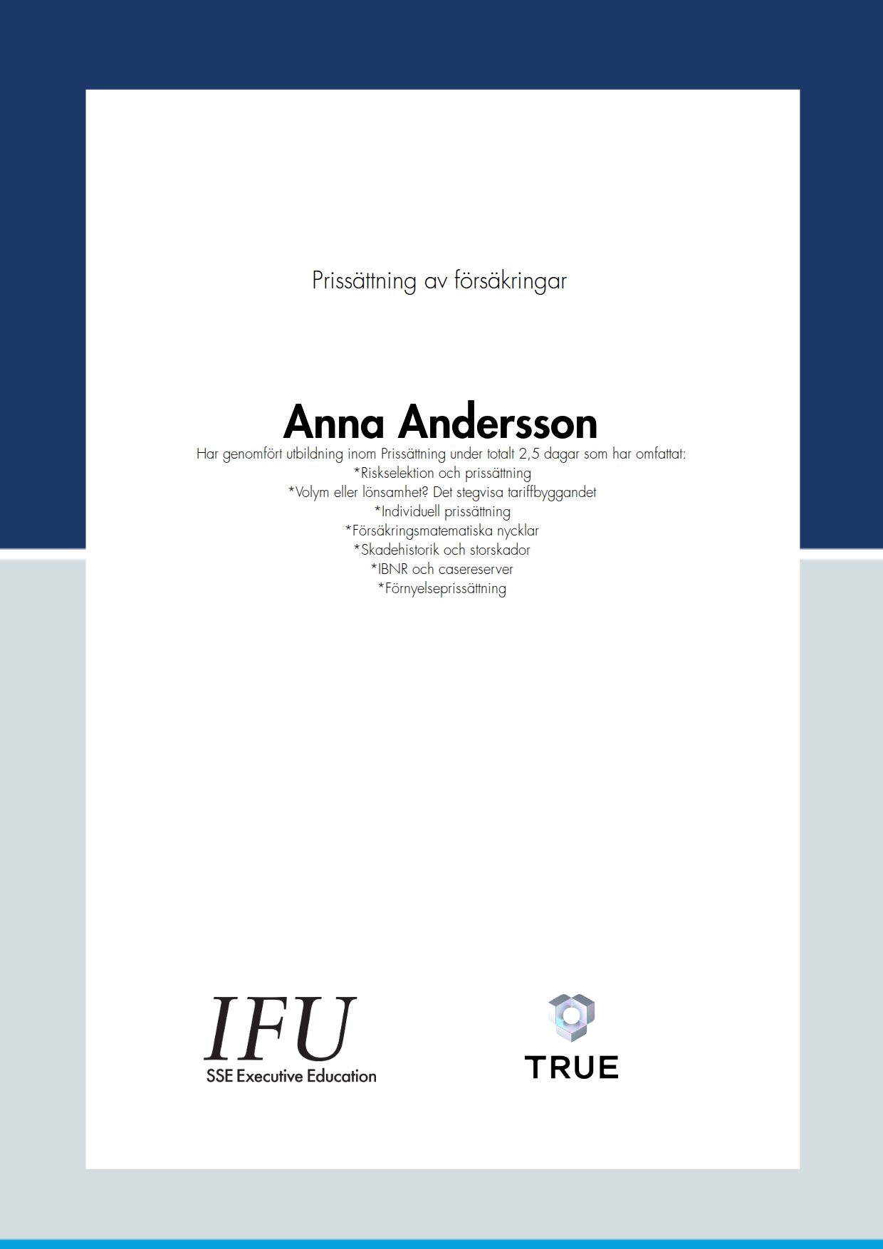 Example certificate for Prissättning av försäkringar from SSE - Handelshögskolan Executive Education