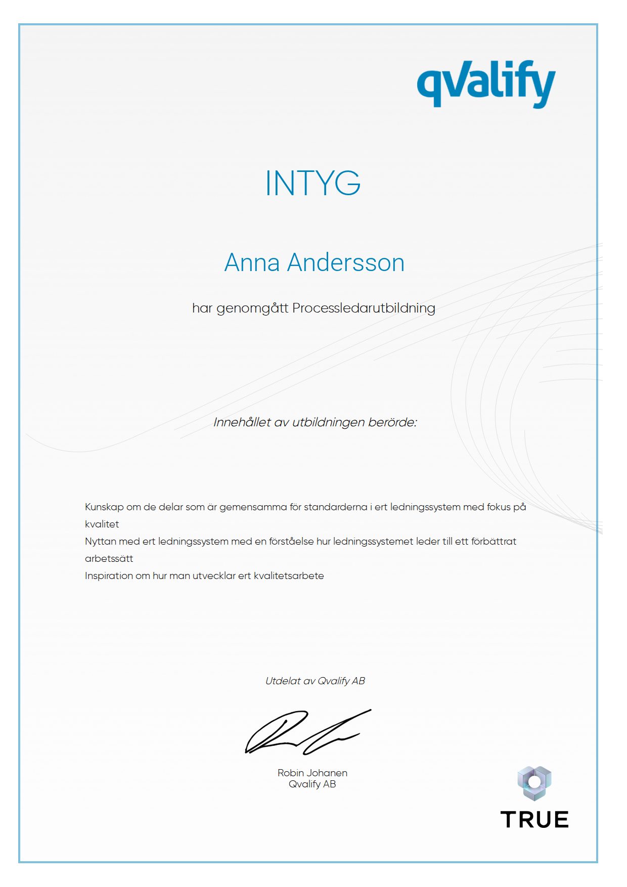 Example certificate for Processledarutbildning from Qvalify