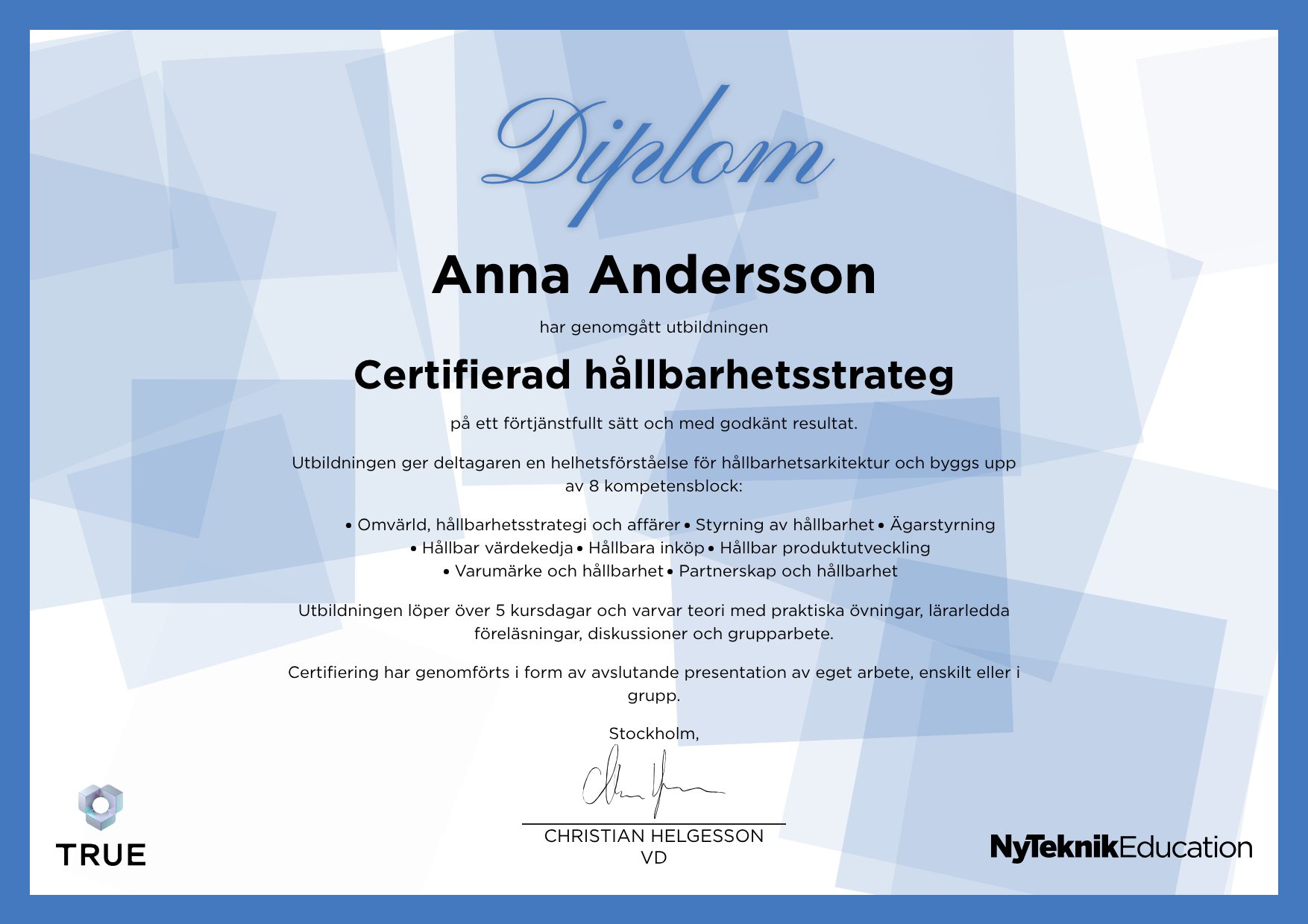 Example certificate for Prompt Engineering from Ny Teknik Education