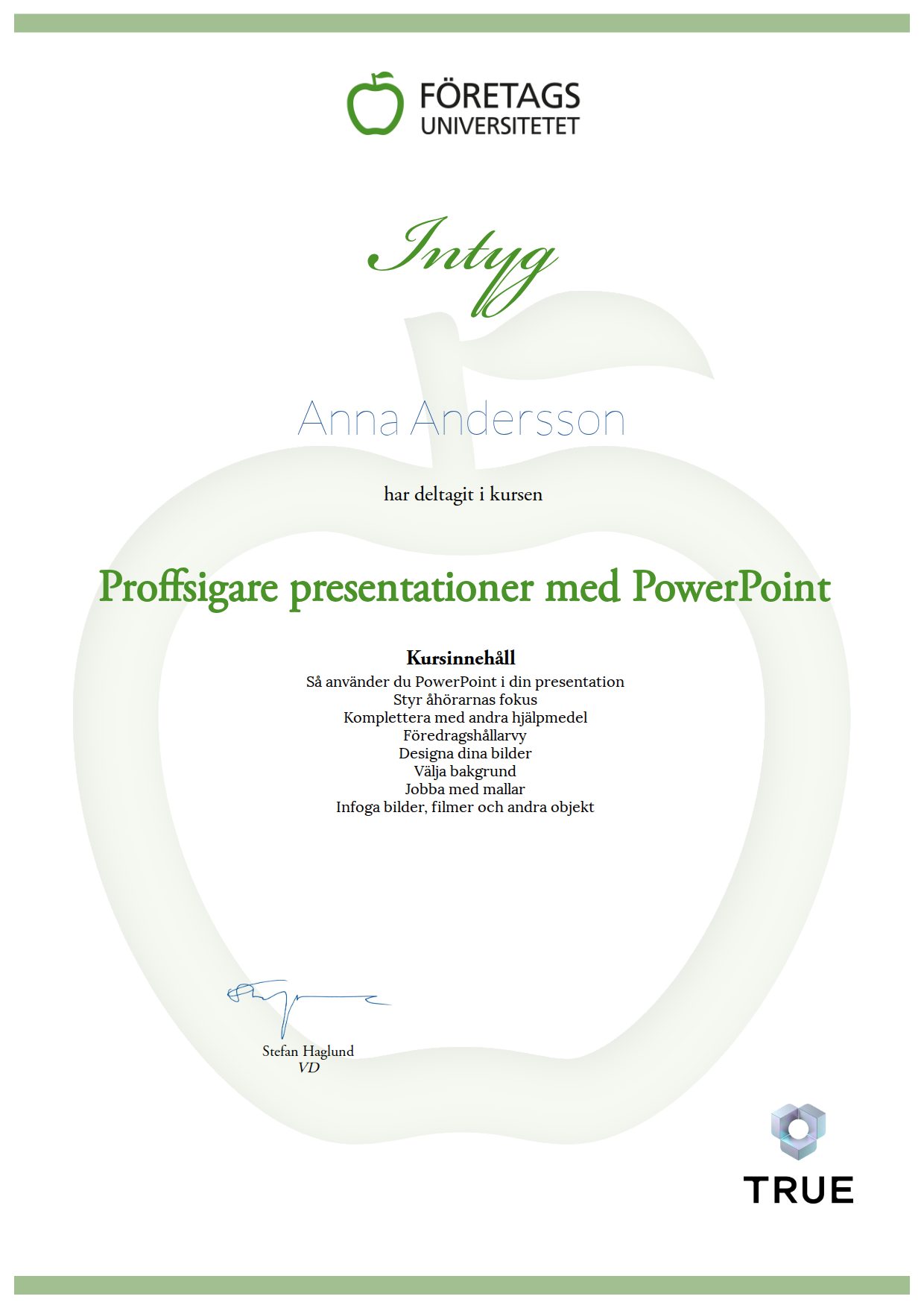 Example certificate for Proffsigare presentationer med PowerPoint from Företagsuniversitetet