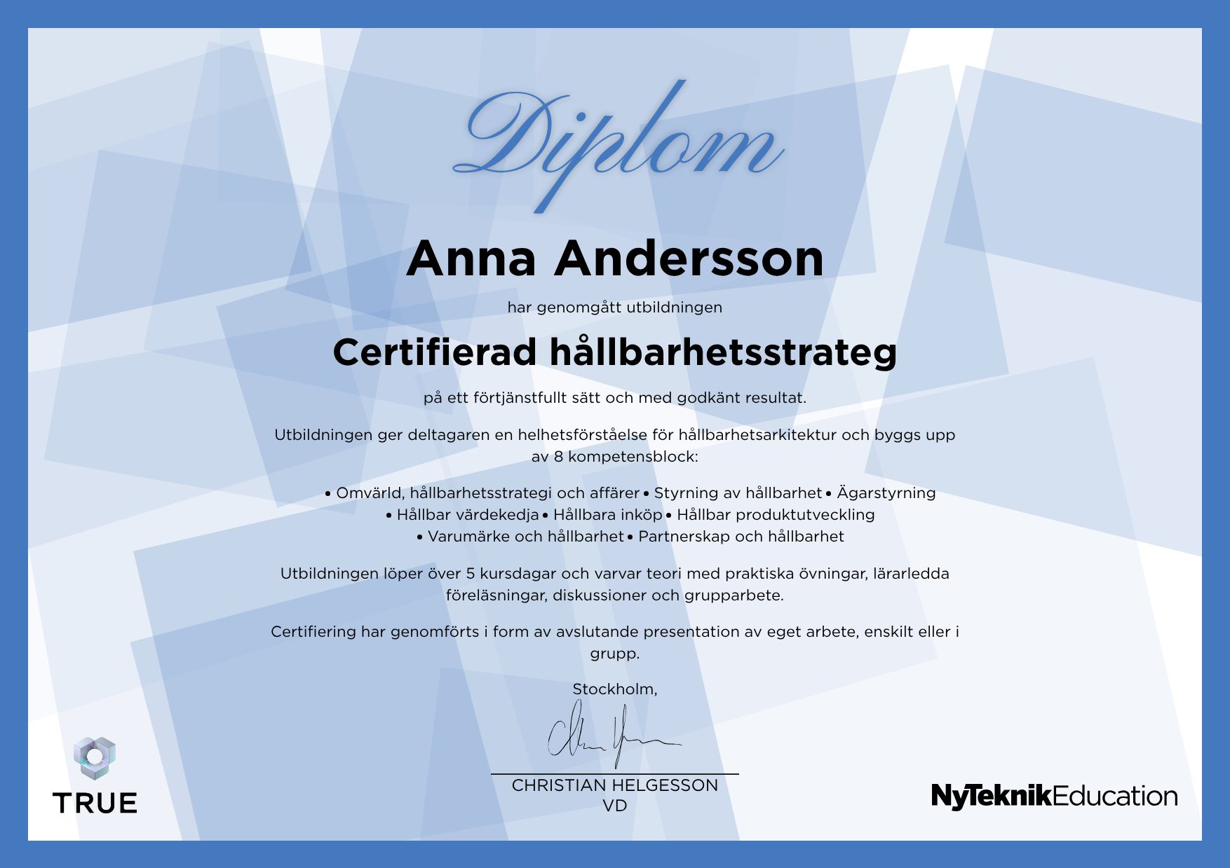 Example certificate for Diplomerad Projektledare Fjärrvärme from Ny Teknik Education