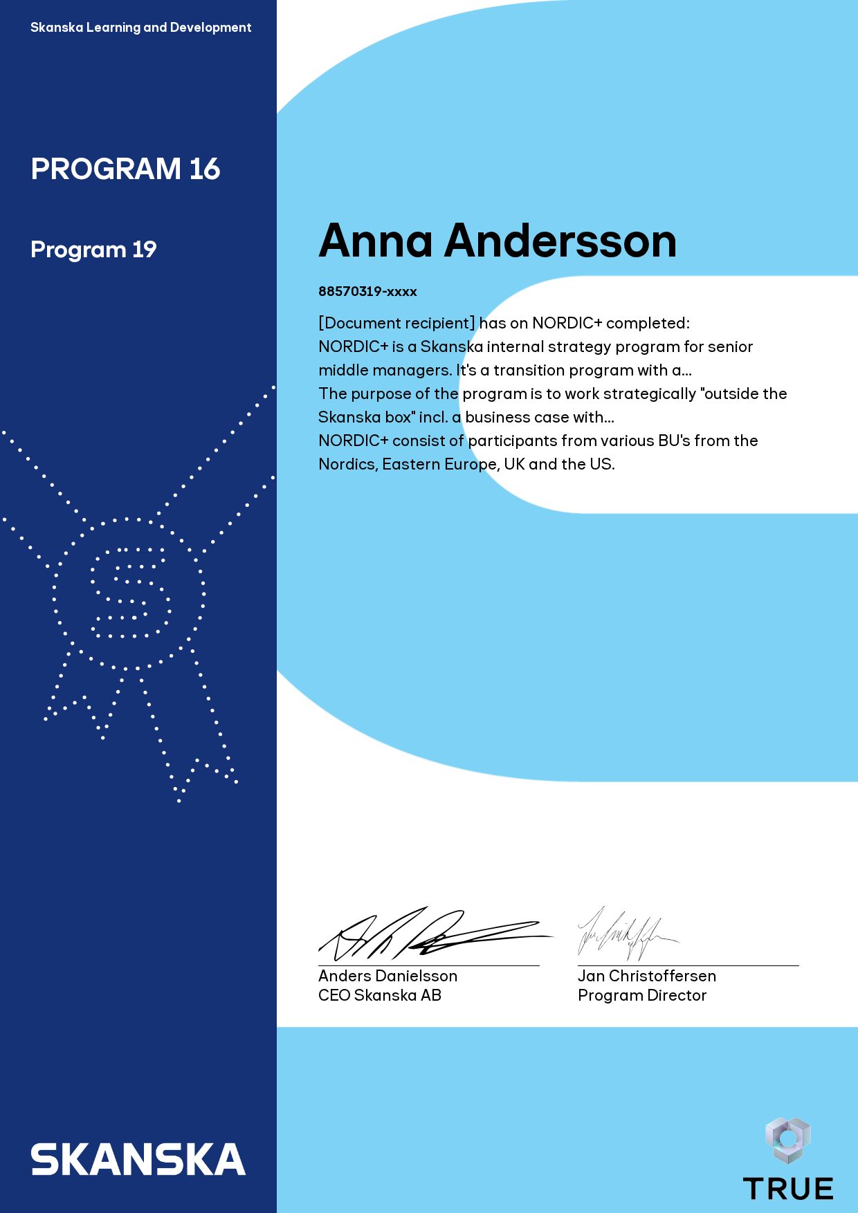 Example certificate for Program 16 from Skanska