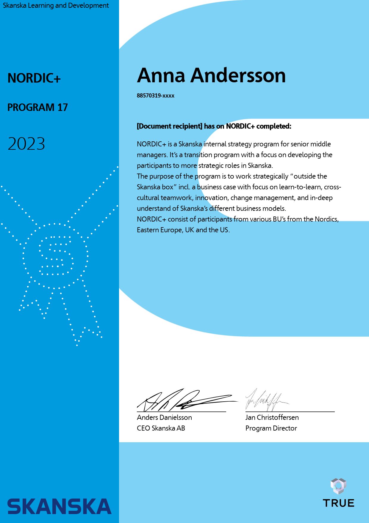 Example certificate for Program 18 from Skanska