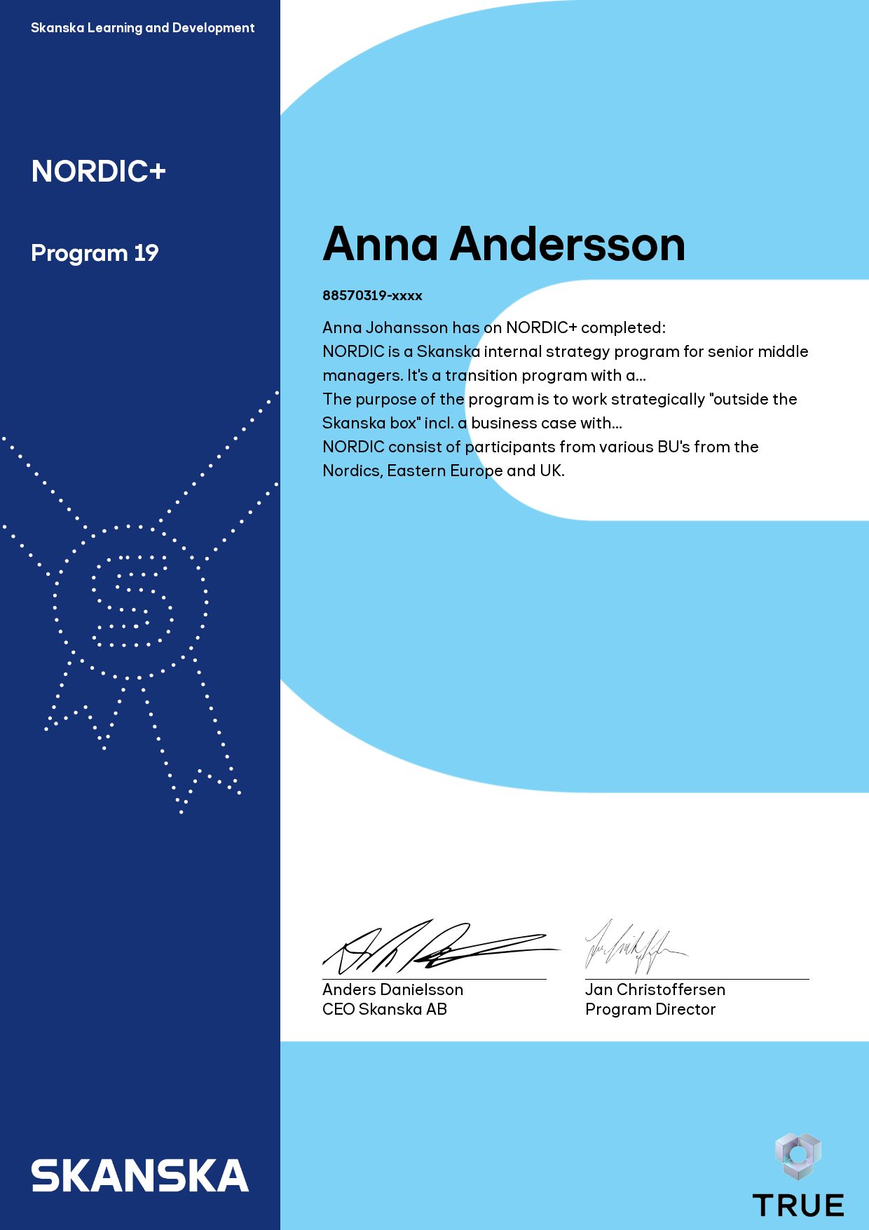 Example certificate for Nordic+ from Skanska