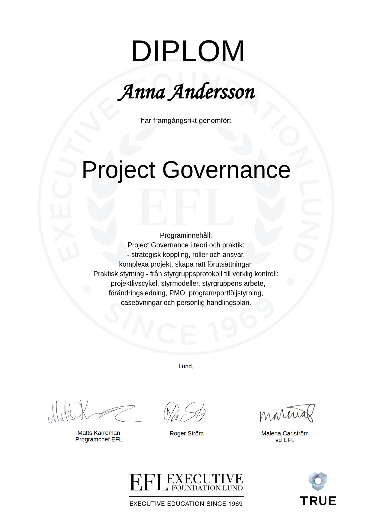 Example certificate for Project Governance from EFL Executive Education