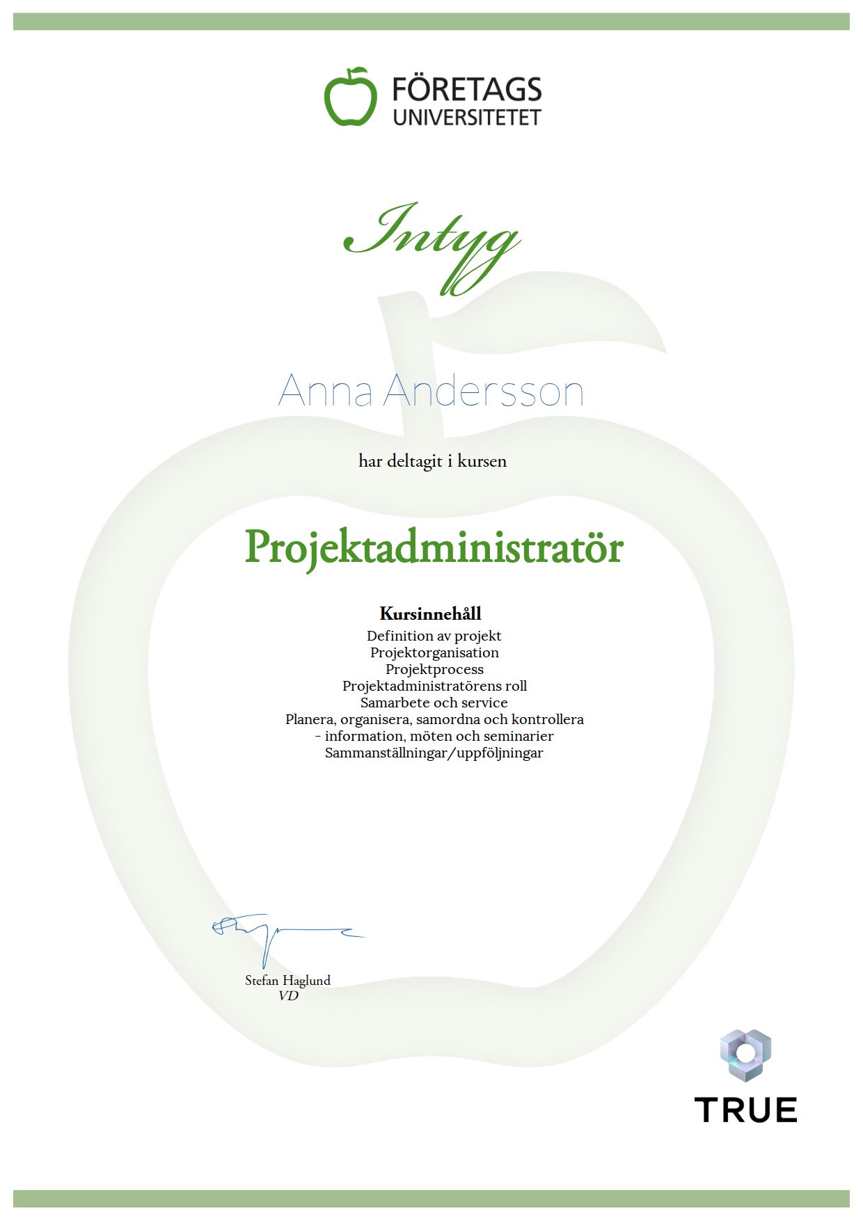 Exempel: diplom för Projektadministratör från Företagsuniversitetet