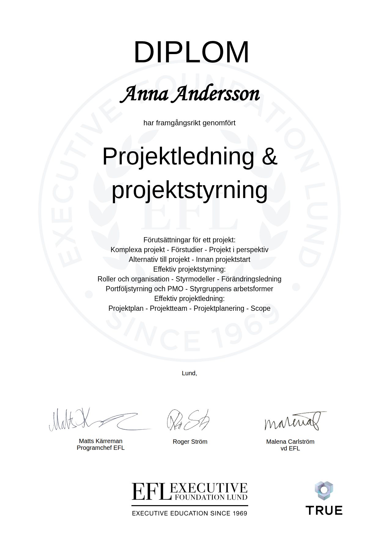 Exempel: diplom för Projektledning & projektstyrning från EFL Executive Education